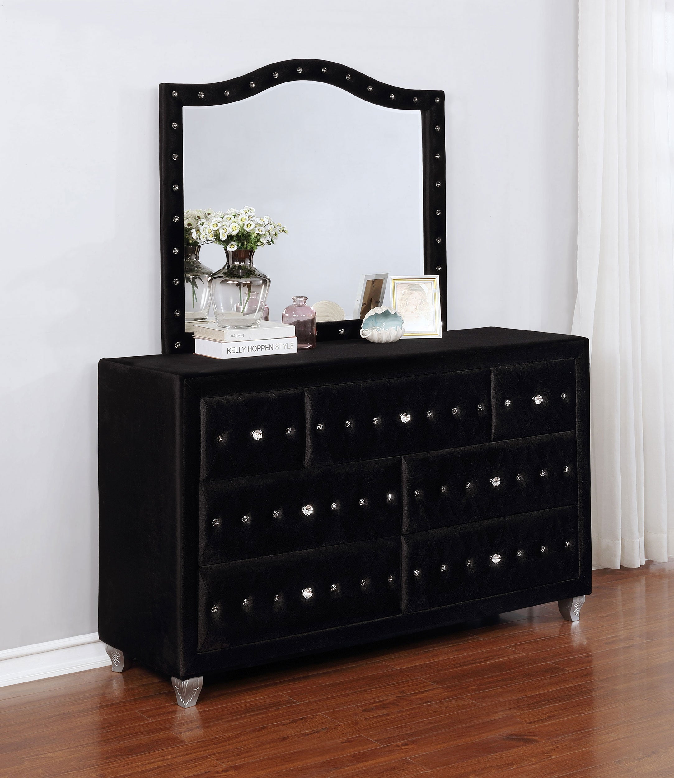 Deanna 7-drawer Upholstered Dresser Black