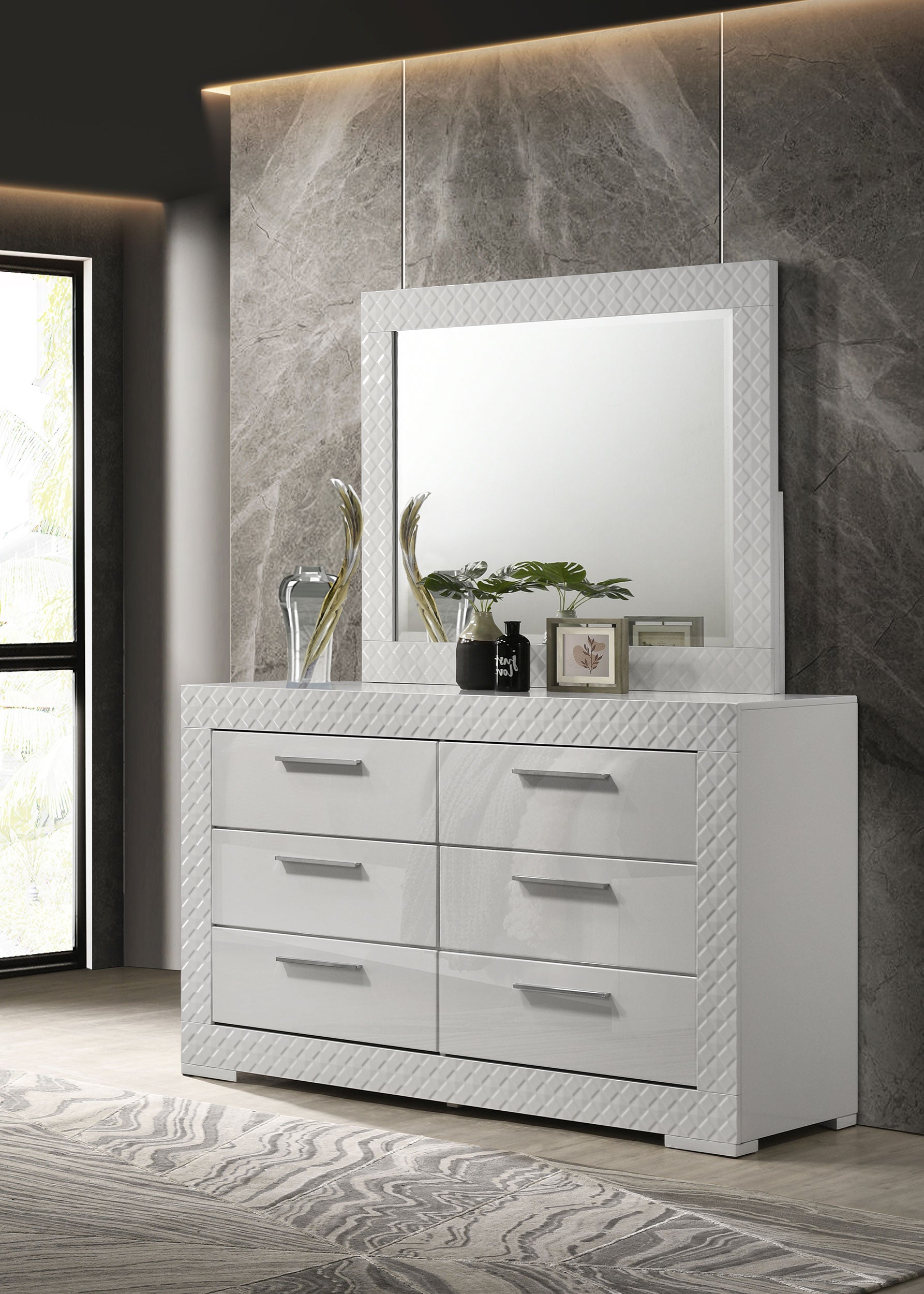 Ives 6-drawer Dresser and Mirror Grey High Gloss