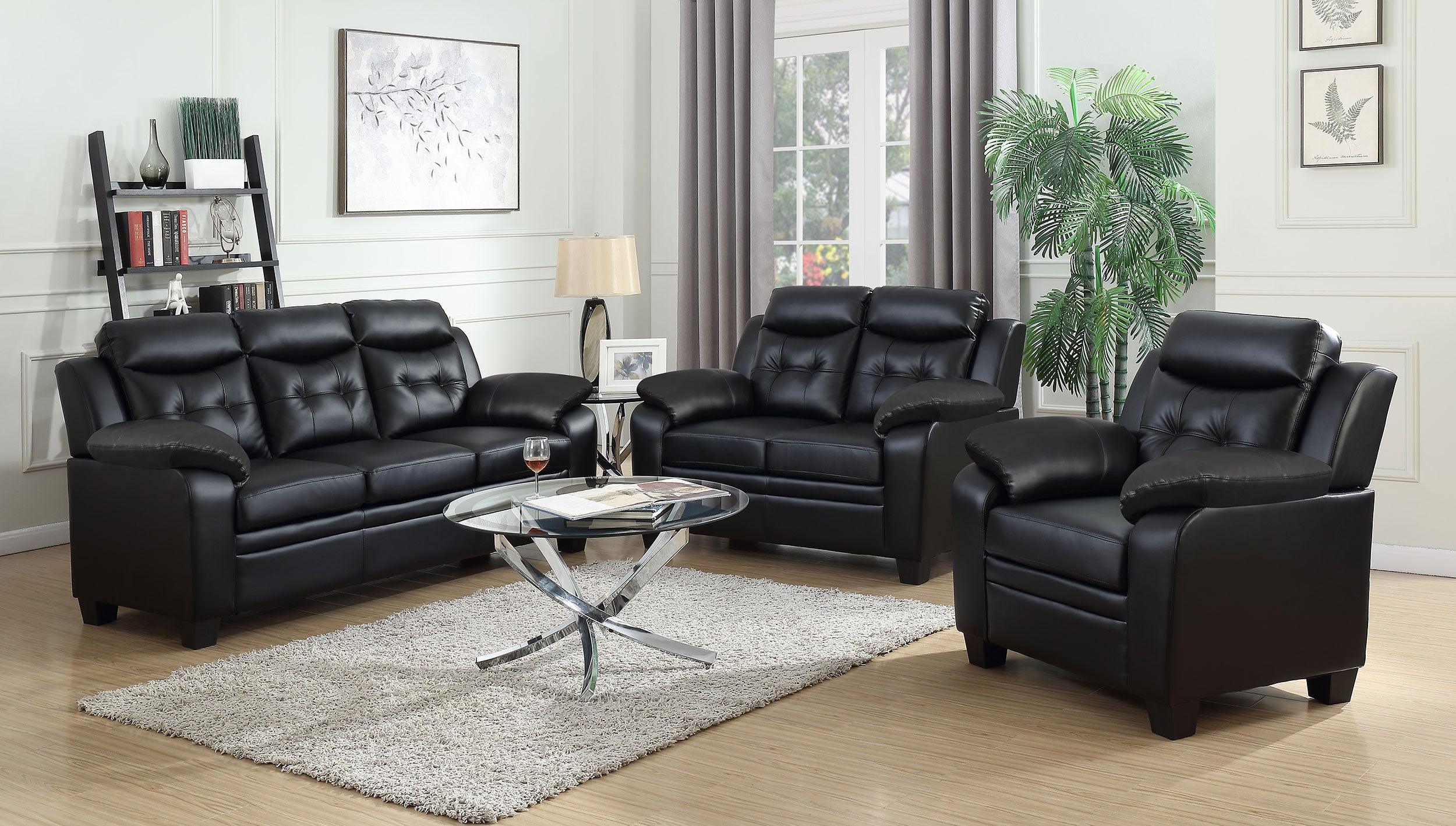Finley Upholstered Padded Arm Tufted Sofa Set Black