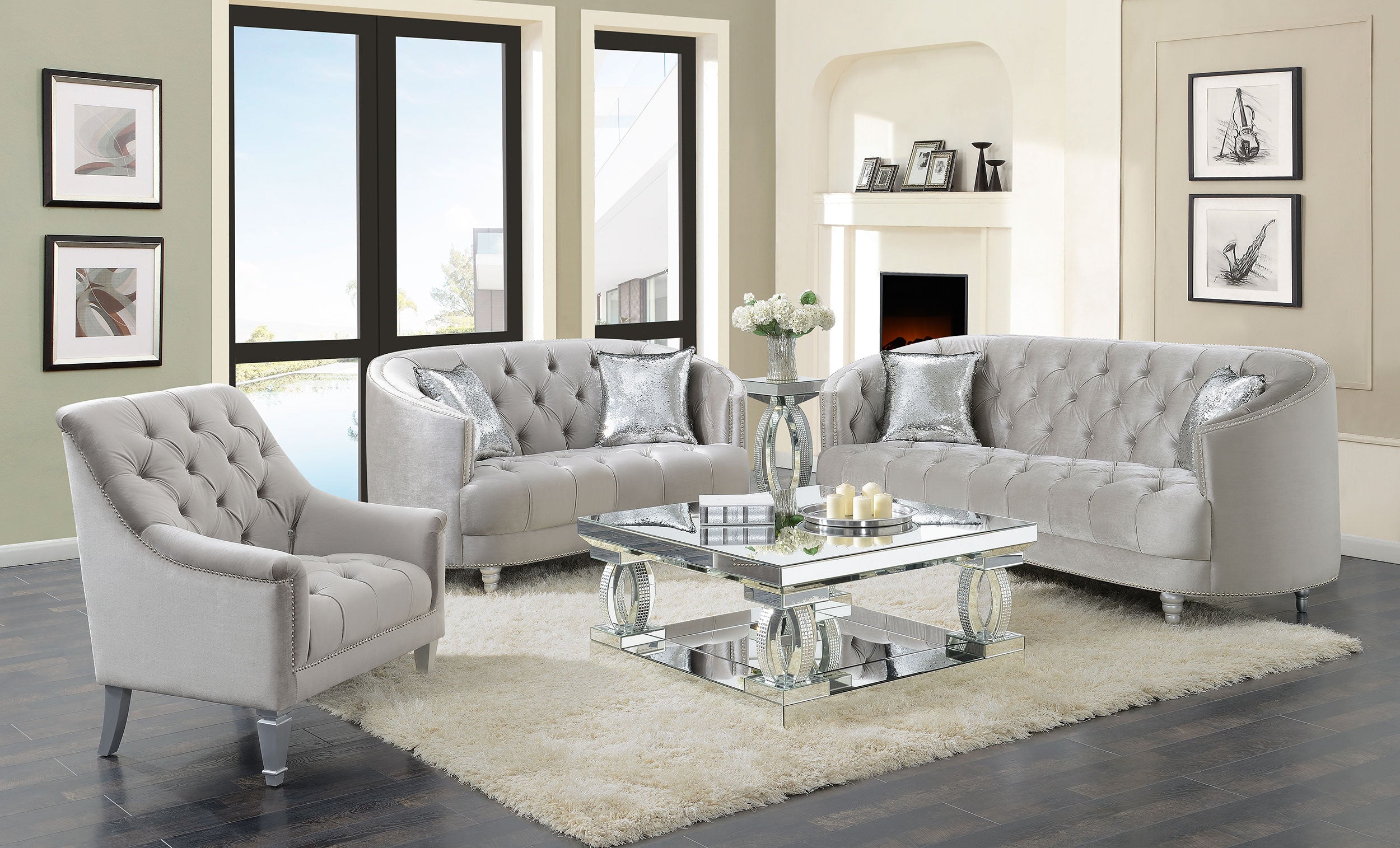 Avonlea Upholstered Sloped Arm Sofa Set Grey Fabric