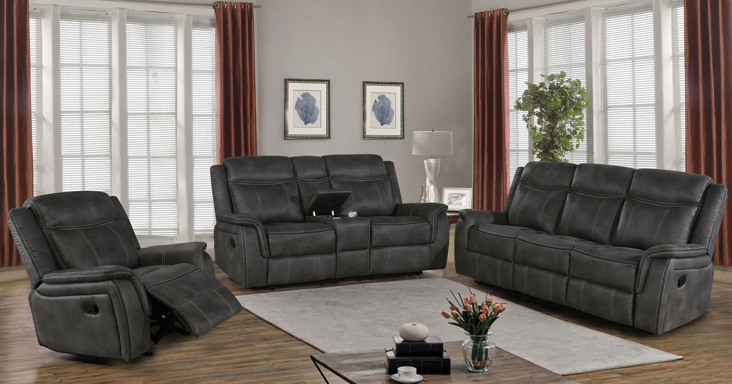 Lawrence Upholstered Reclining Sofa Set Charcoal