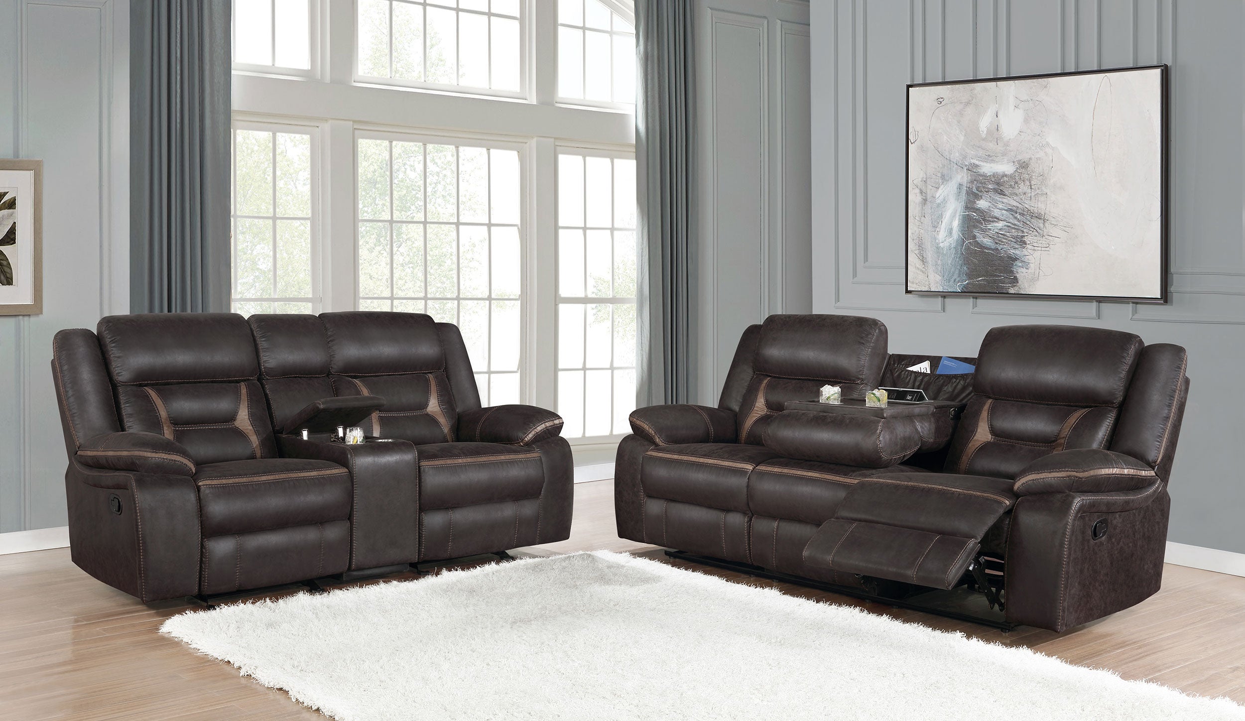 Greer Upholstered Reclining Sofa Set Brown