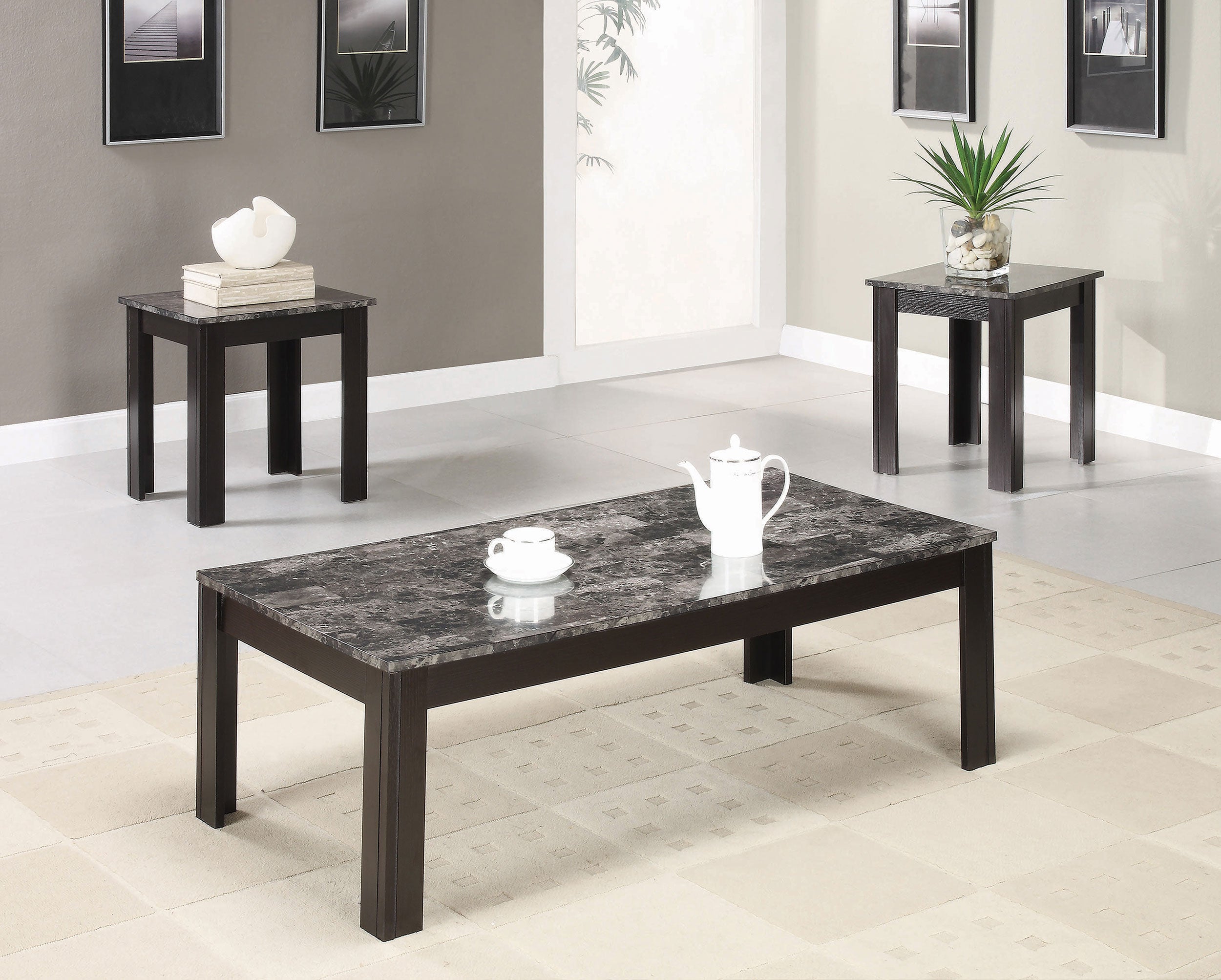 Rhodes Faux Marble Top Coffee Table Set Brown