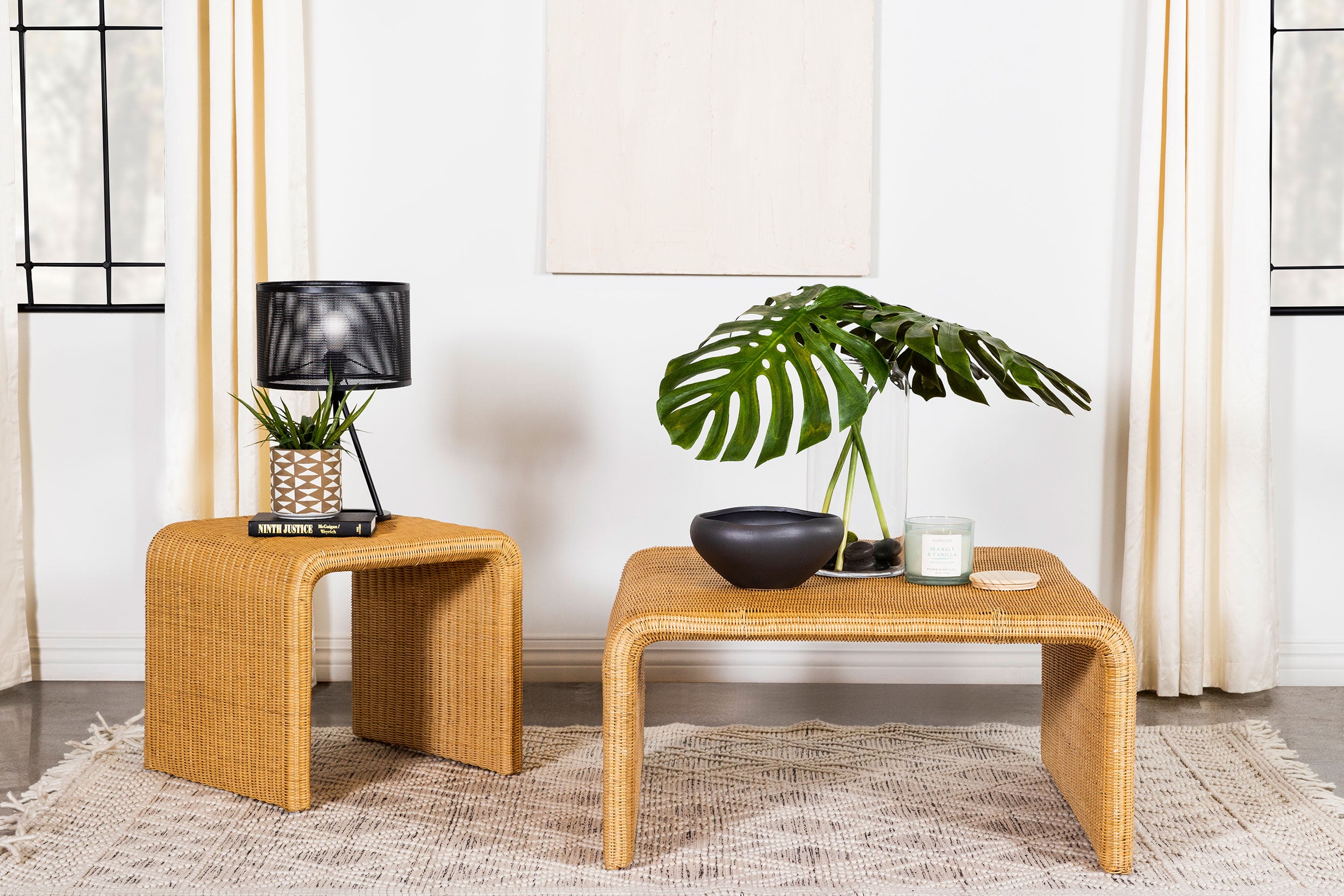 Cahya Rattan Coffee and End Table Set Black