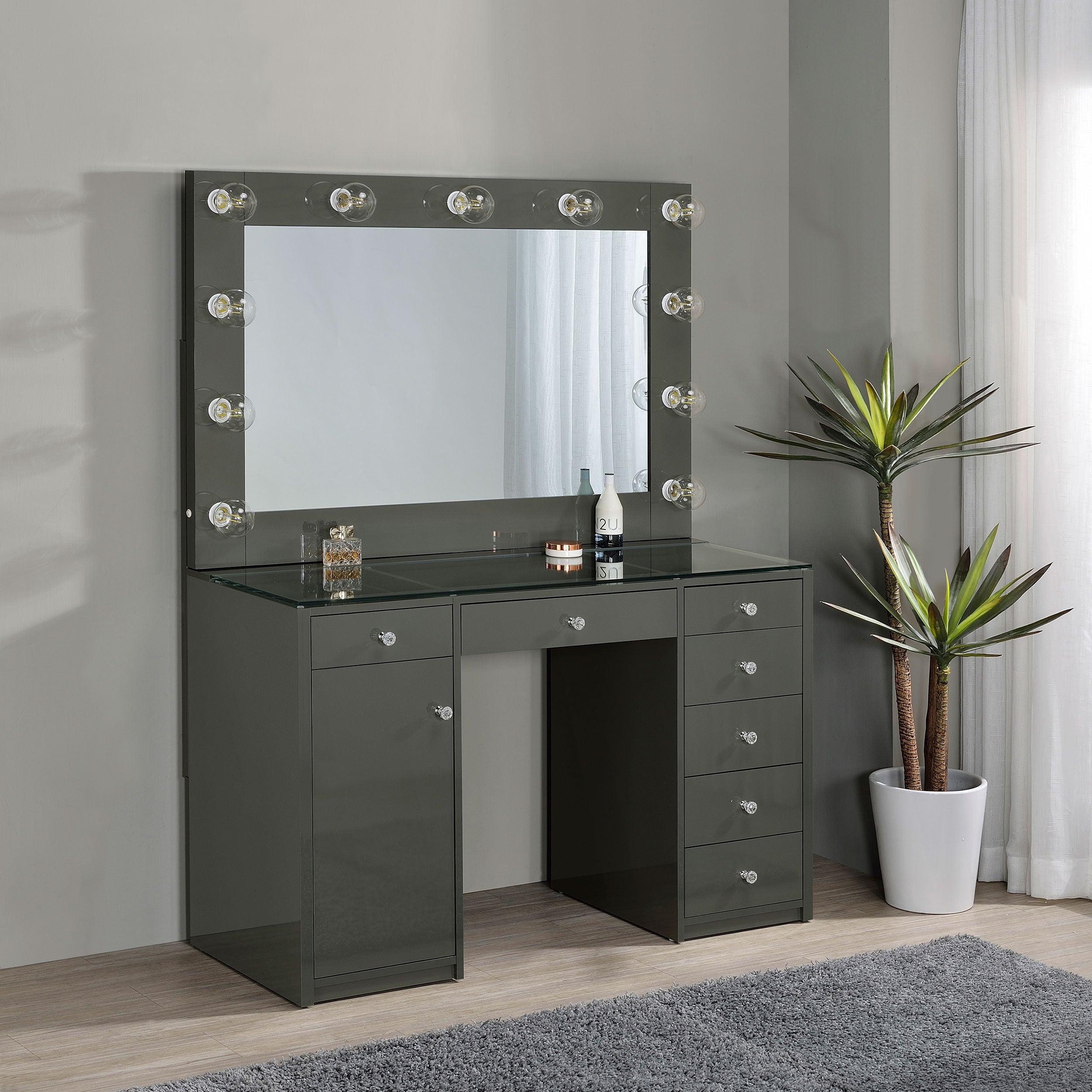 Acena 7-drawer Vanity Set with Lighting Black High Gloss