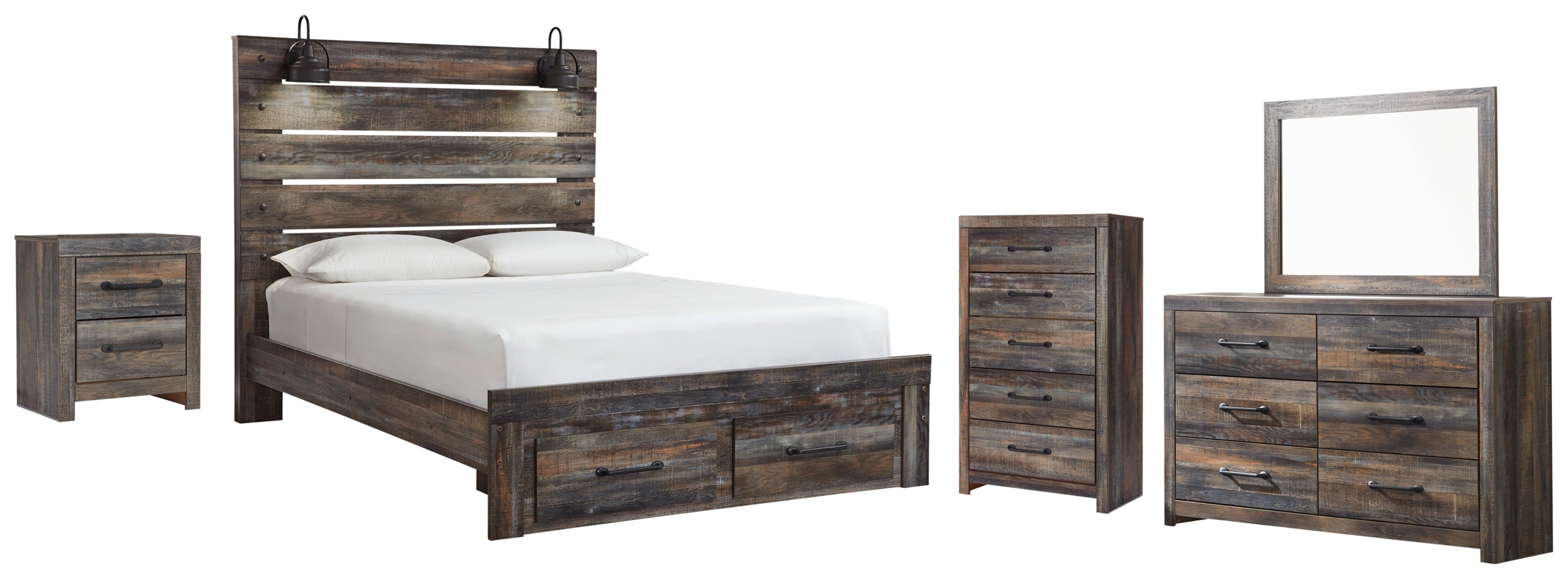 Drystan Queen Panel Bed with 2 Storage Drawers with Mirrored Dresser and Nightstand