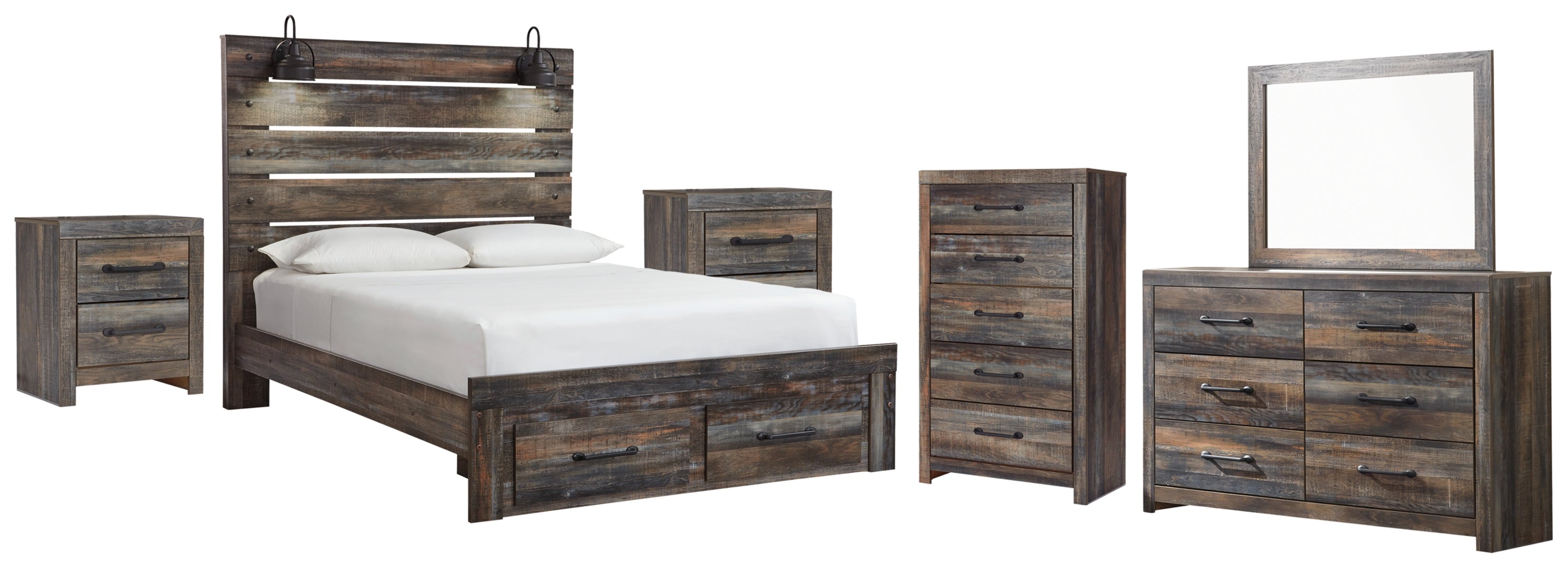 Drystan Queen Panel Bed with 2 Storage Drawers with Mirrored Dresser and Nightstand