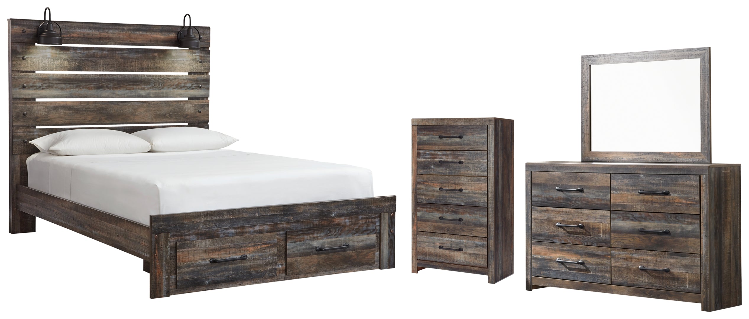 Drystan Queen Bookcase Bed with 4 Storage Drawers with Mirrored Dresser and Chest