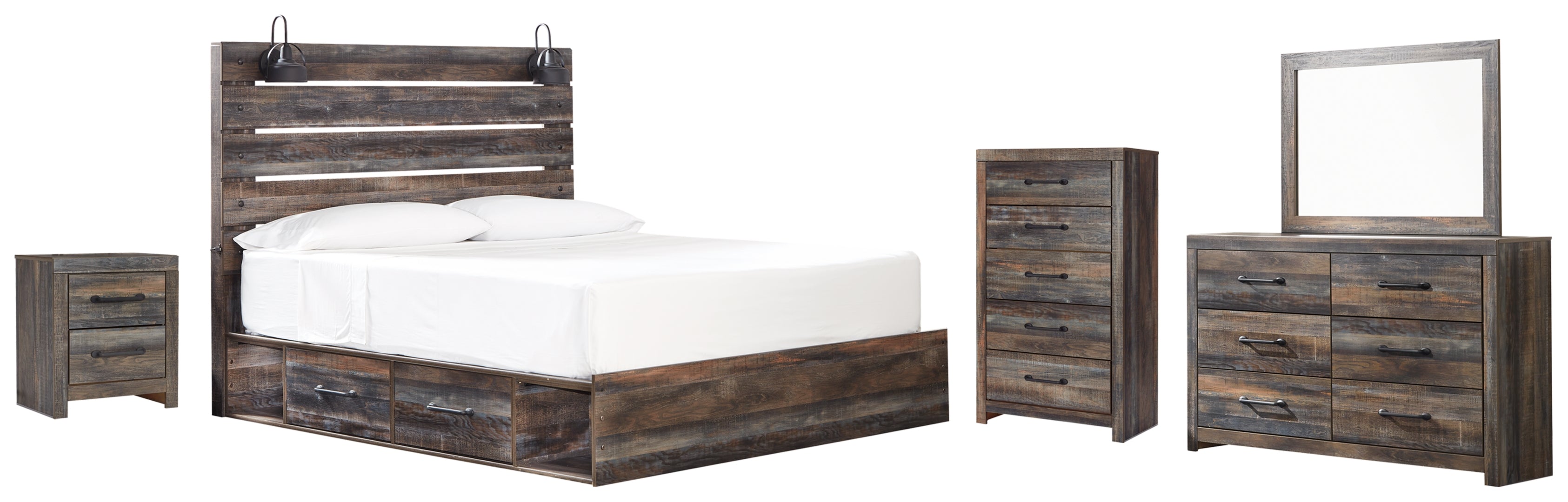 Drystan King Panel Bed with 4 Storage Drawers with Mirrored Dresser and Chest