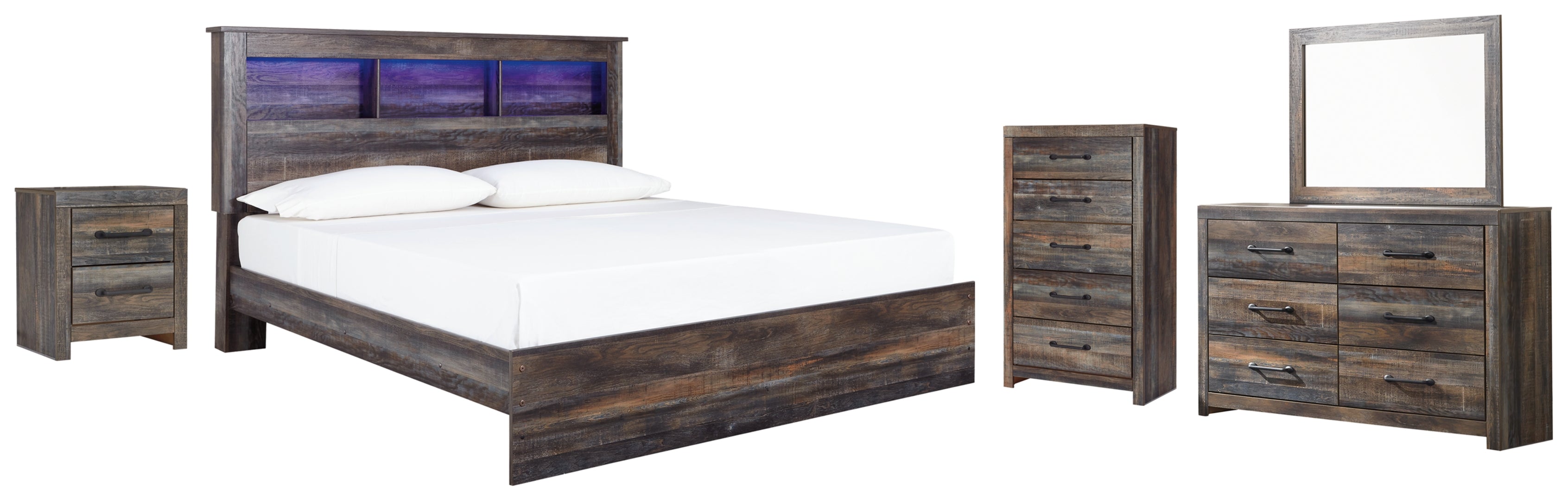 Drystan King Panel Bed with Storage with Mirrored Dresser, Chest and Nightstand