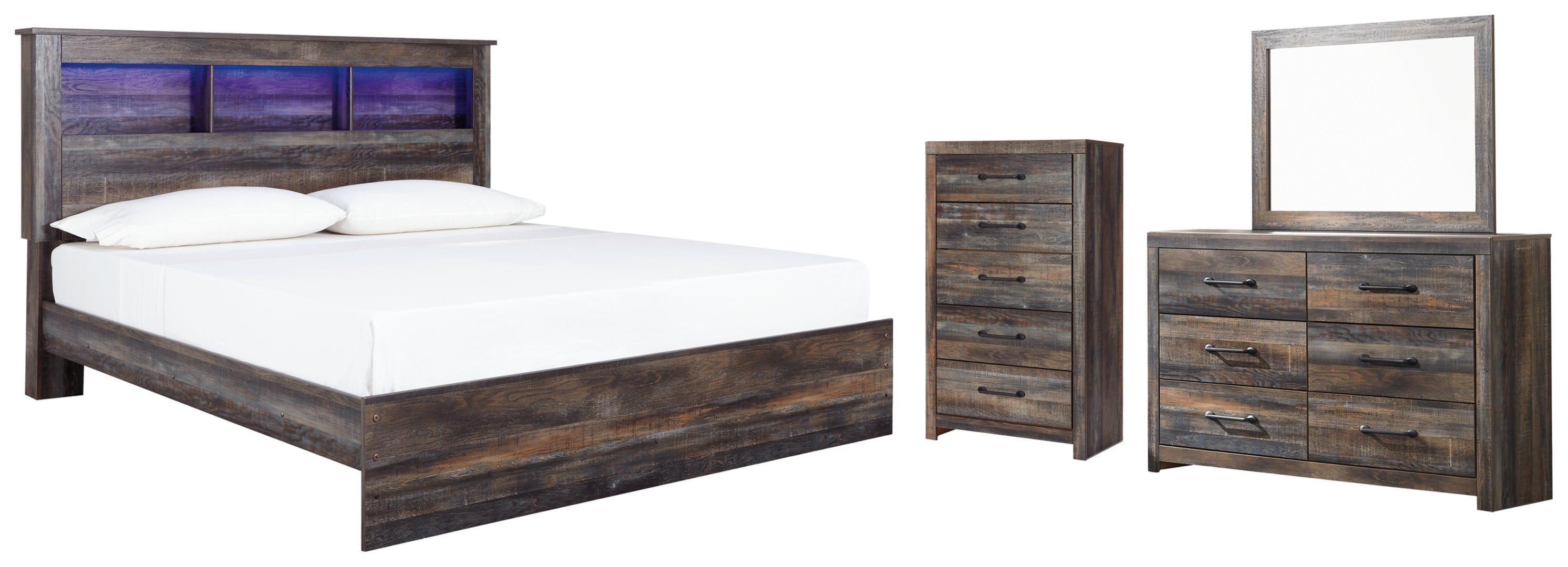 Drystan King Panel Bed with Storage with Mirrored Dresser, Chest and Nightstand