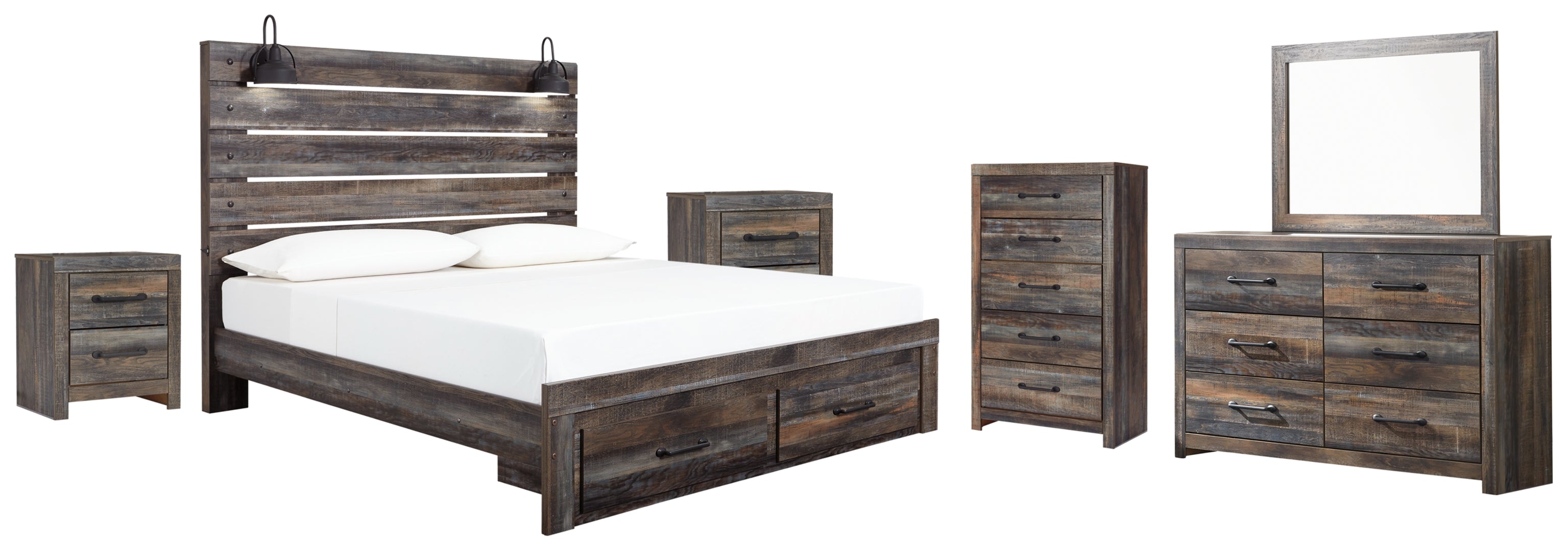 Drystan King Panel Bed with 4 Storage Drawers with Mirrored Dresser and Chest