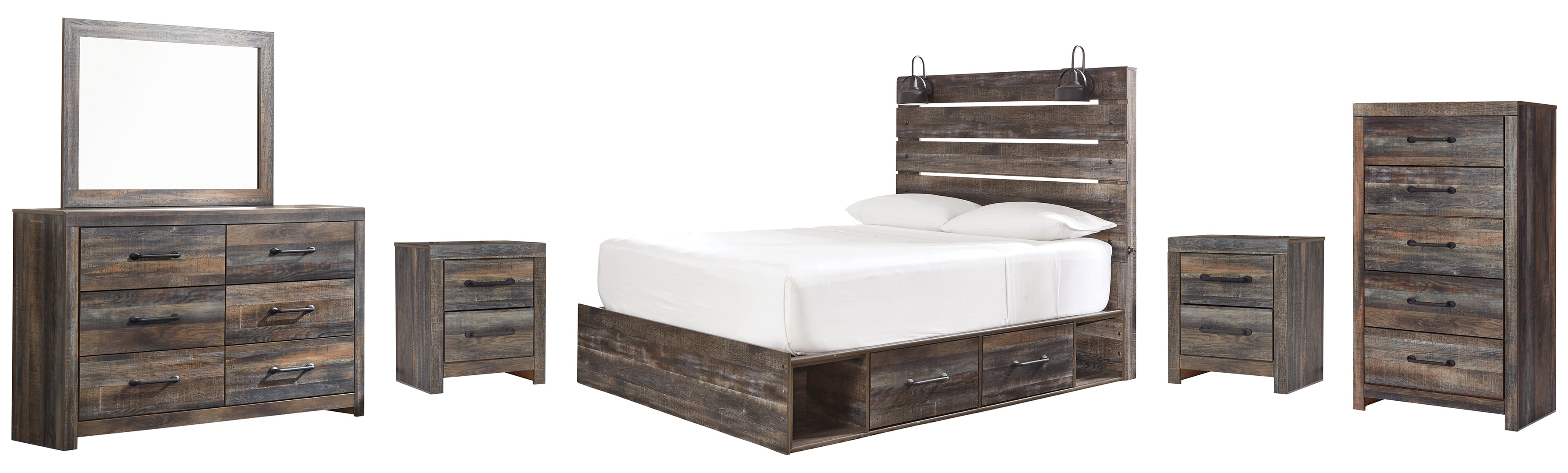 Drystan Queen Panel Bed with 2 Storage Drawers with Mirrored Dresser and Nightstand
