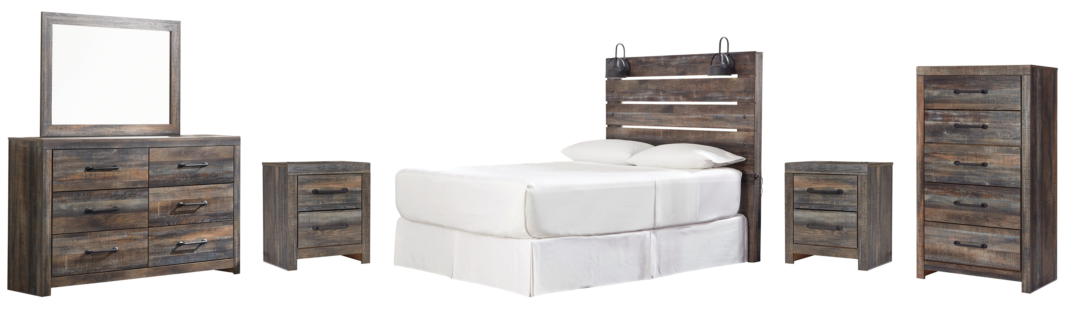 Drystan Queen Panel Bed with Mirrored Dresser and Nightstand