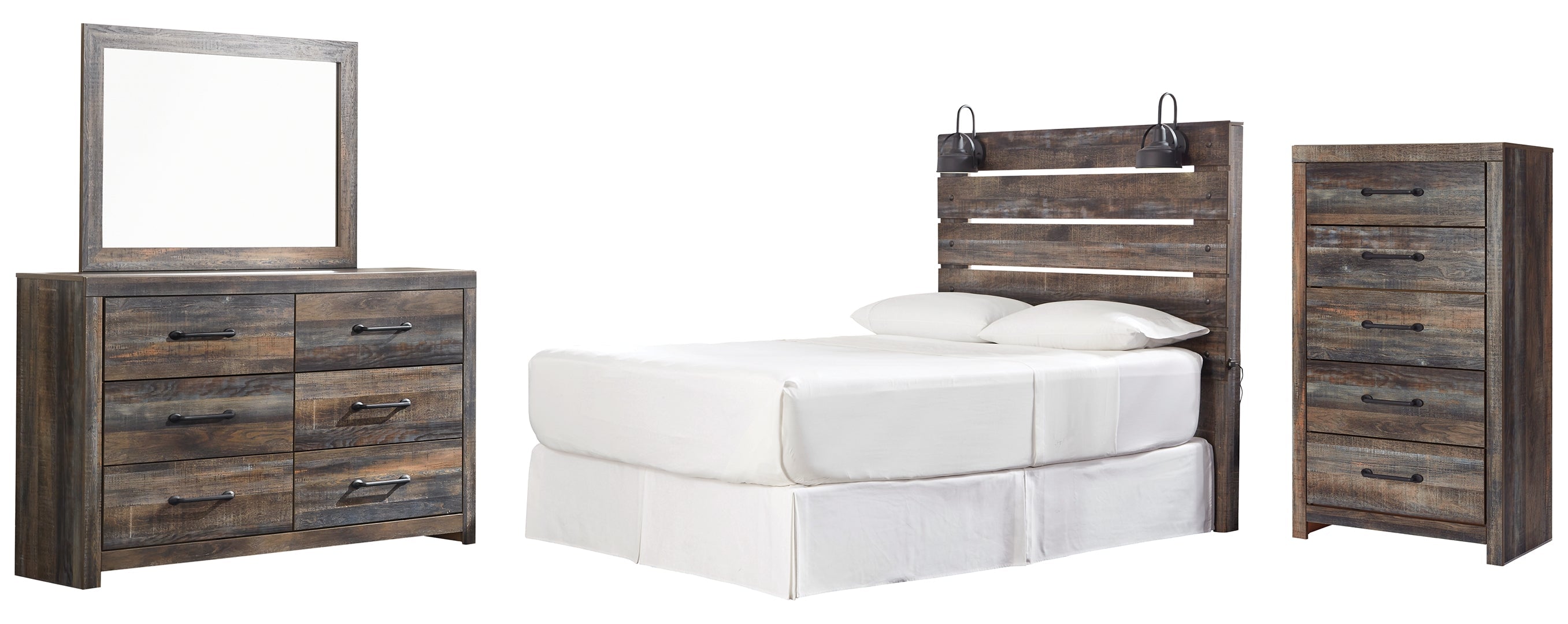 Drystan Queen Panel Bed with Mirrored Dresser and Nightstand
