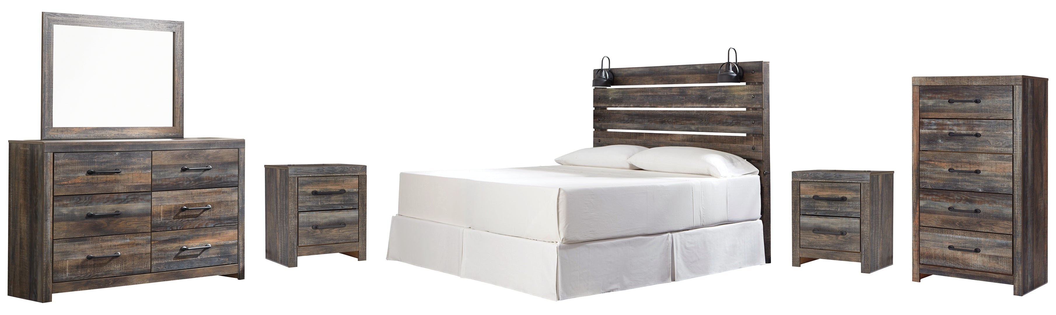 Drystan King Panel Bed with Storage with Mirrored Dresser, Chest and Nightstand