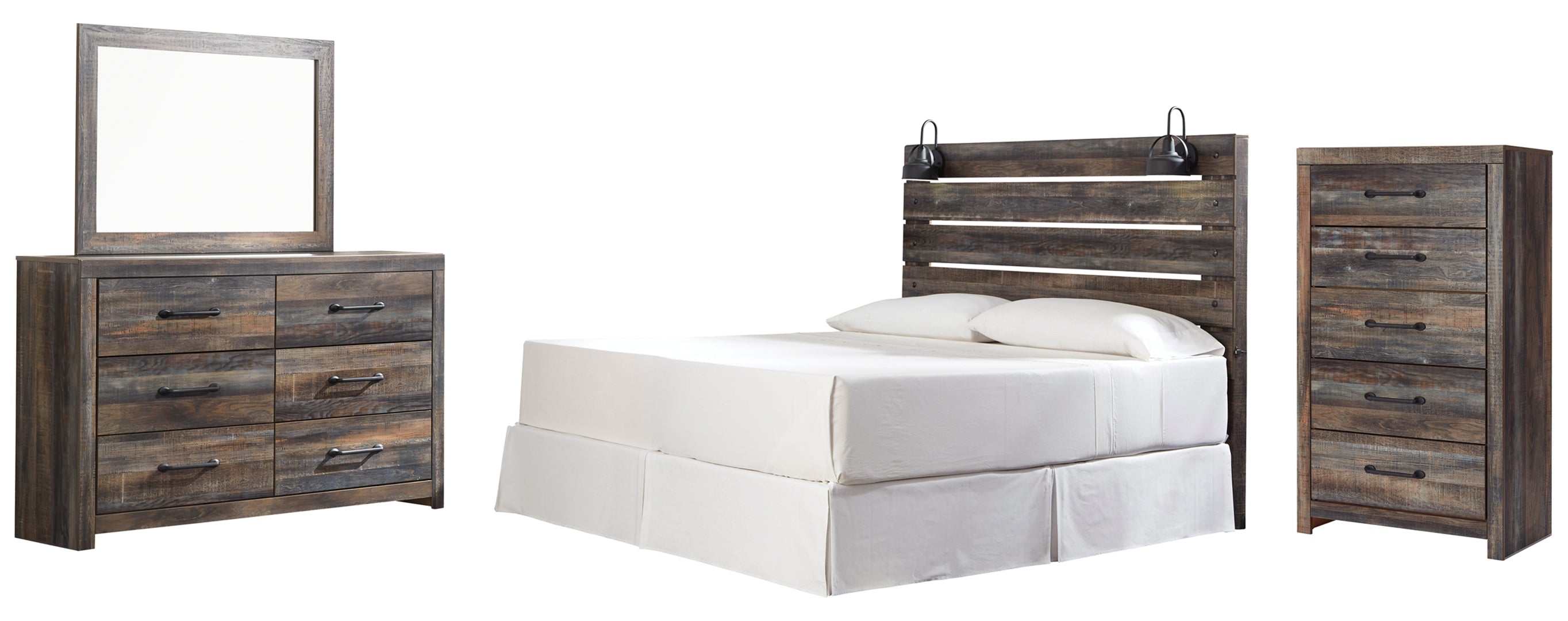 Drystan King Panel Bed with Storage with Mirrored Dresser, Chest and Nightstand