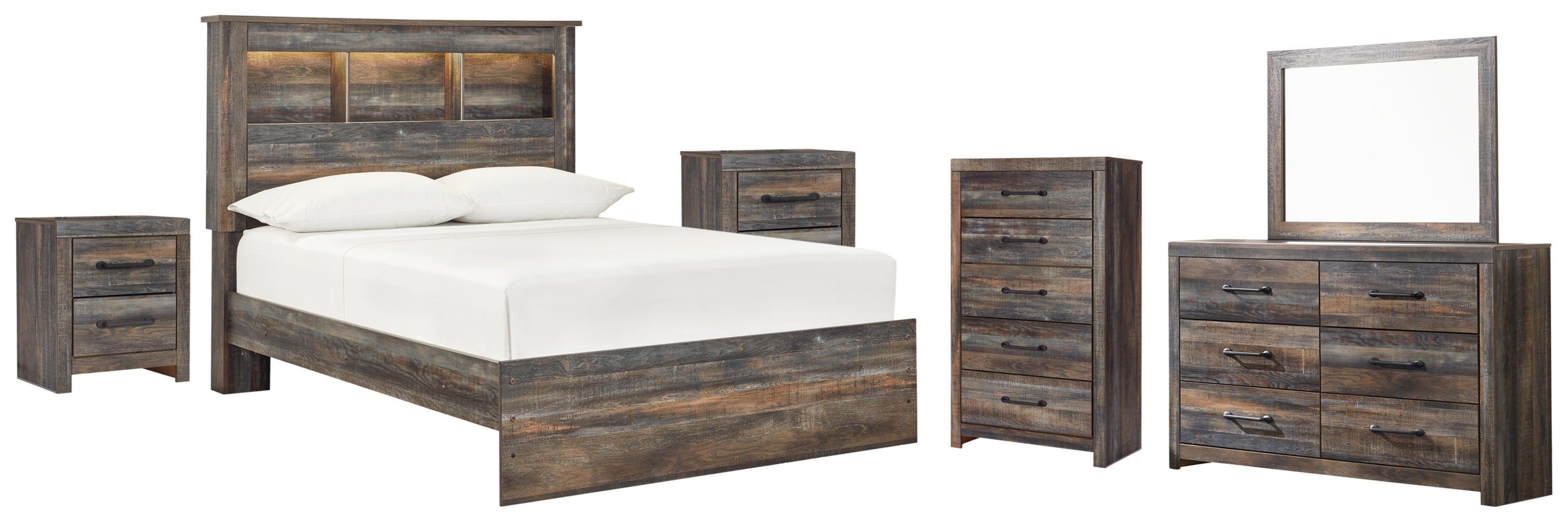 Drystan Full Bookcase Bed with 2 Storage Drawers with Mirrored Dresser, Chest and Nightstand