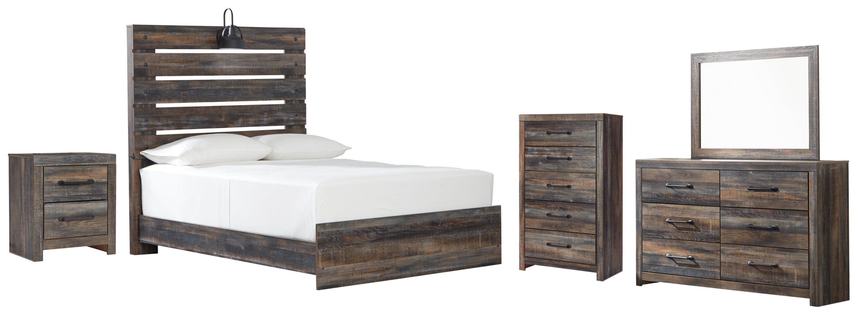Drystan Full Panel Bed with Mirrored Dresser and 2 Nightstands