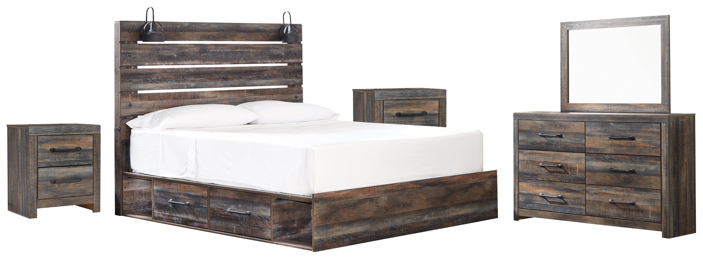 Drystan King Bookcase Bed with 4 Storage Drawers with Mirrored Dresser and 2 Nightstands