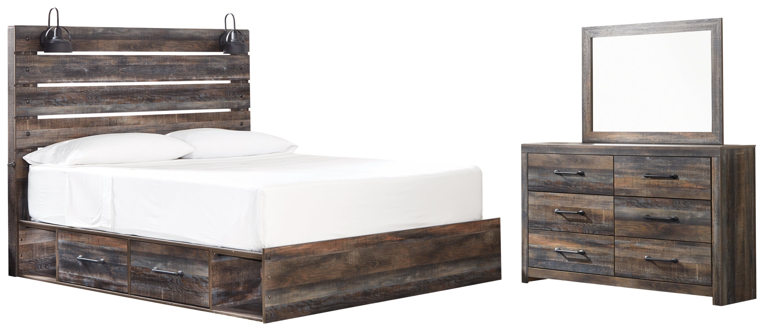 Drystan King Bookcase Bed with 4 Storage Drawers with Mirrored Dresser and 2 Nightstands