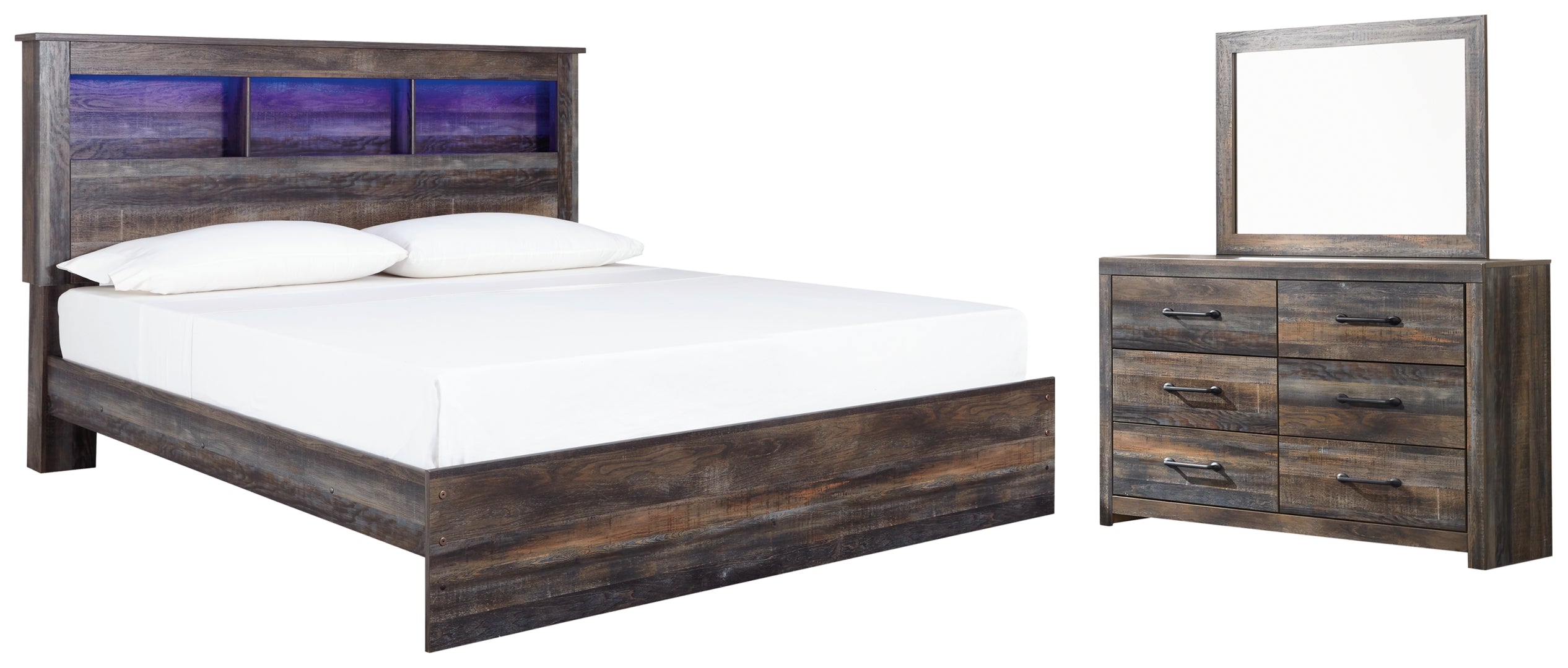 Drystan King Panel Bed with Storage with Mirrored Dresser, Chest and Nightstand