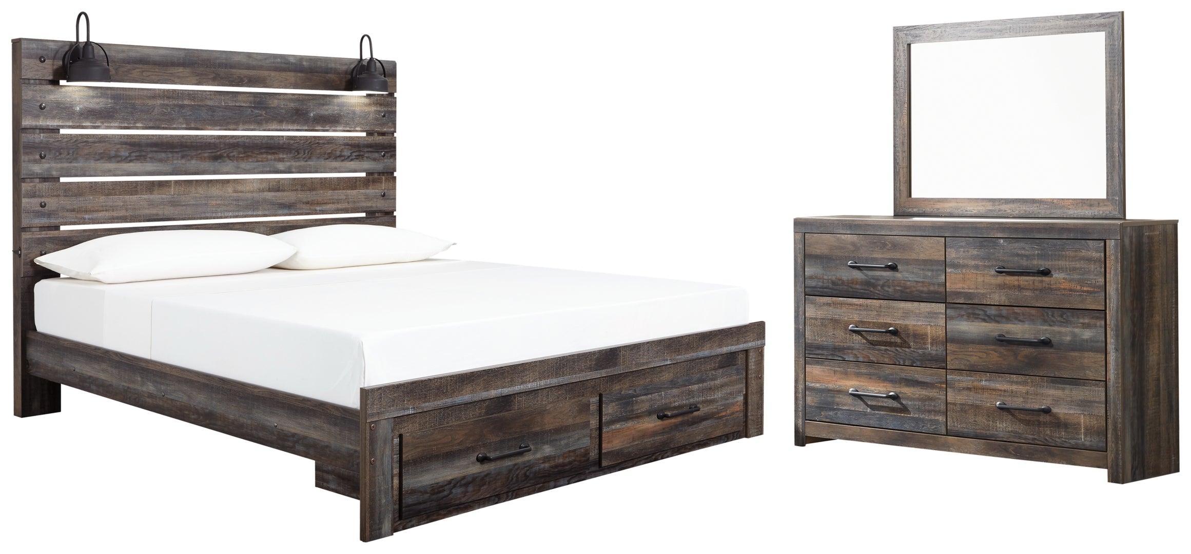 Drystan King Panel Bed with 4 Storage Drawers with Mirrored Dresser and Chest