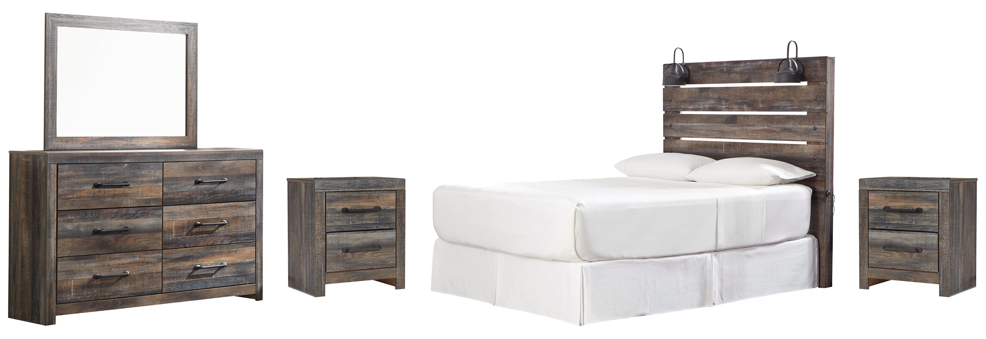 Drystan Queen Panel Bed with Mirrored Dresser and Nightstand