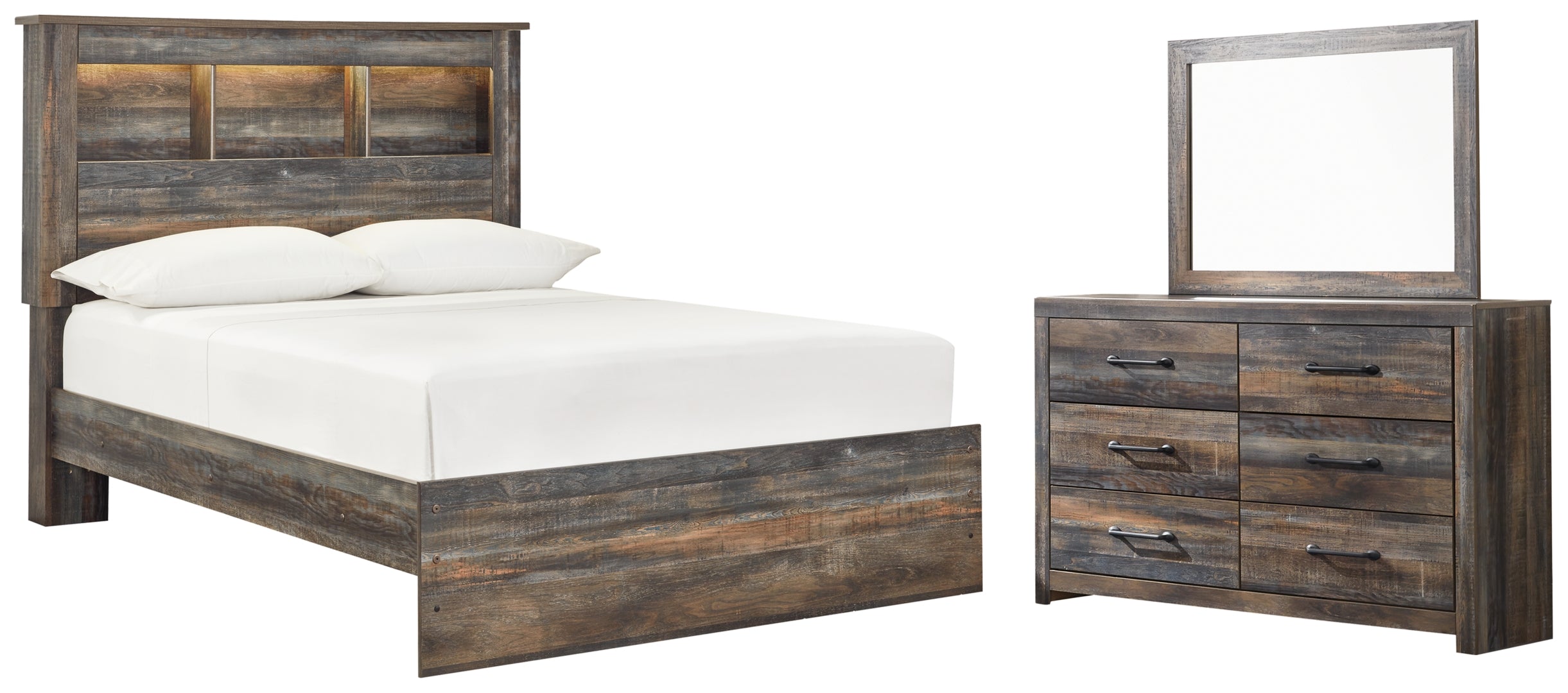 Drystan Full Bookcase Bed with 2 Storage Drawers with Mirrored Dresser, Chest and Nightstand