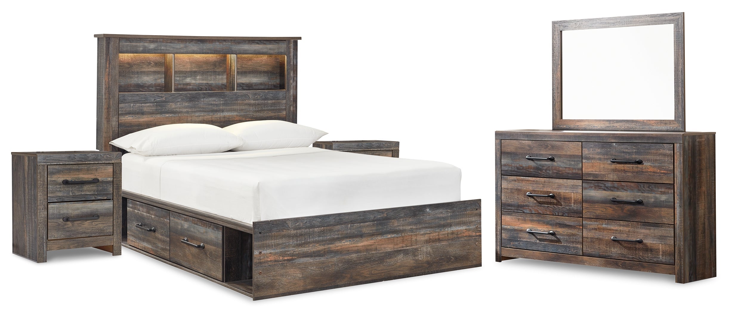 Drystan Full Bookcase Bed with 2 Storage Drawers with Mirrored Dresser, Chest and Nightstand