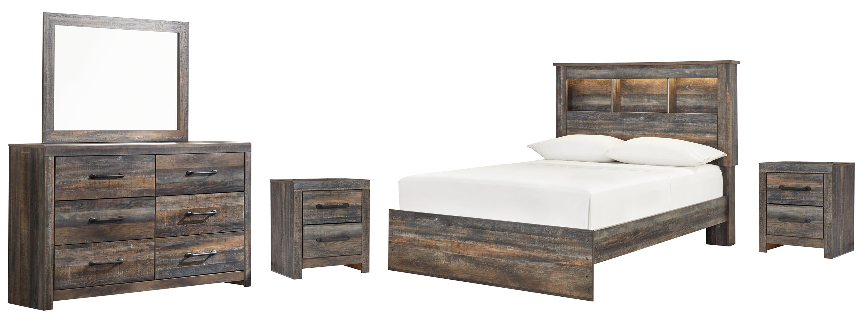 Drystan Full Bookcase Bed with 2 Storage Drawers with Mirrored Dresser, Chest and Nightstand