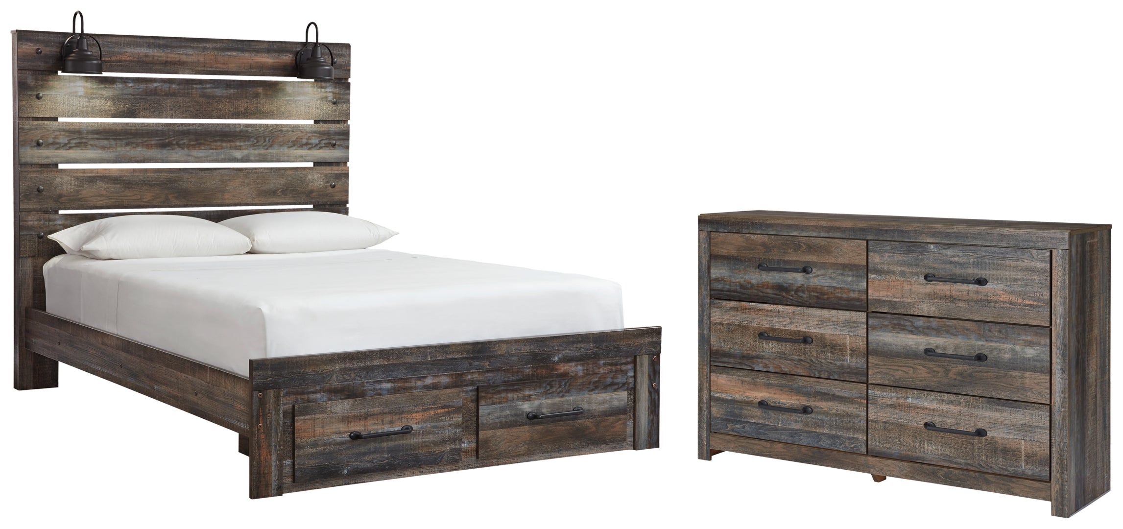 Drystan Queen Bookcase Bed with 4 Storage Drawers with Mirrored Dresser and Chest