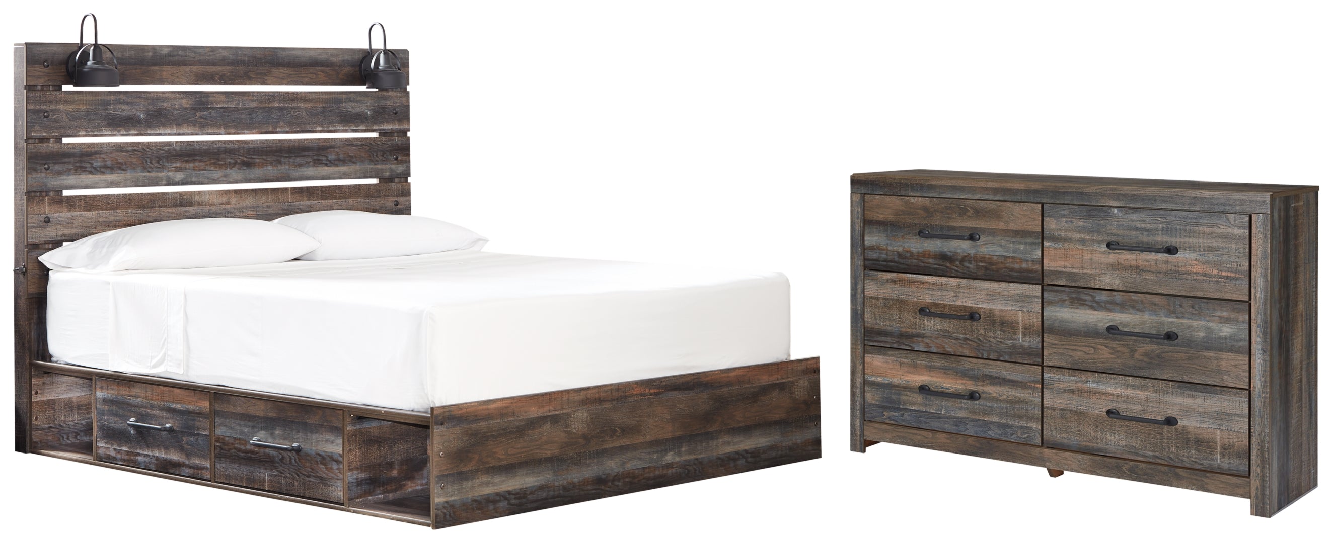 Drystan King Bookcase Bed with 4 Storage Drawers with Mirrored Dresser and 2 Nightstands