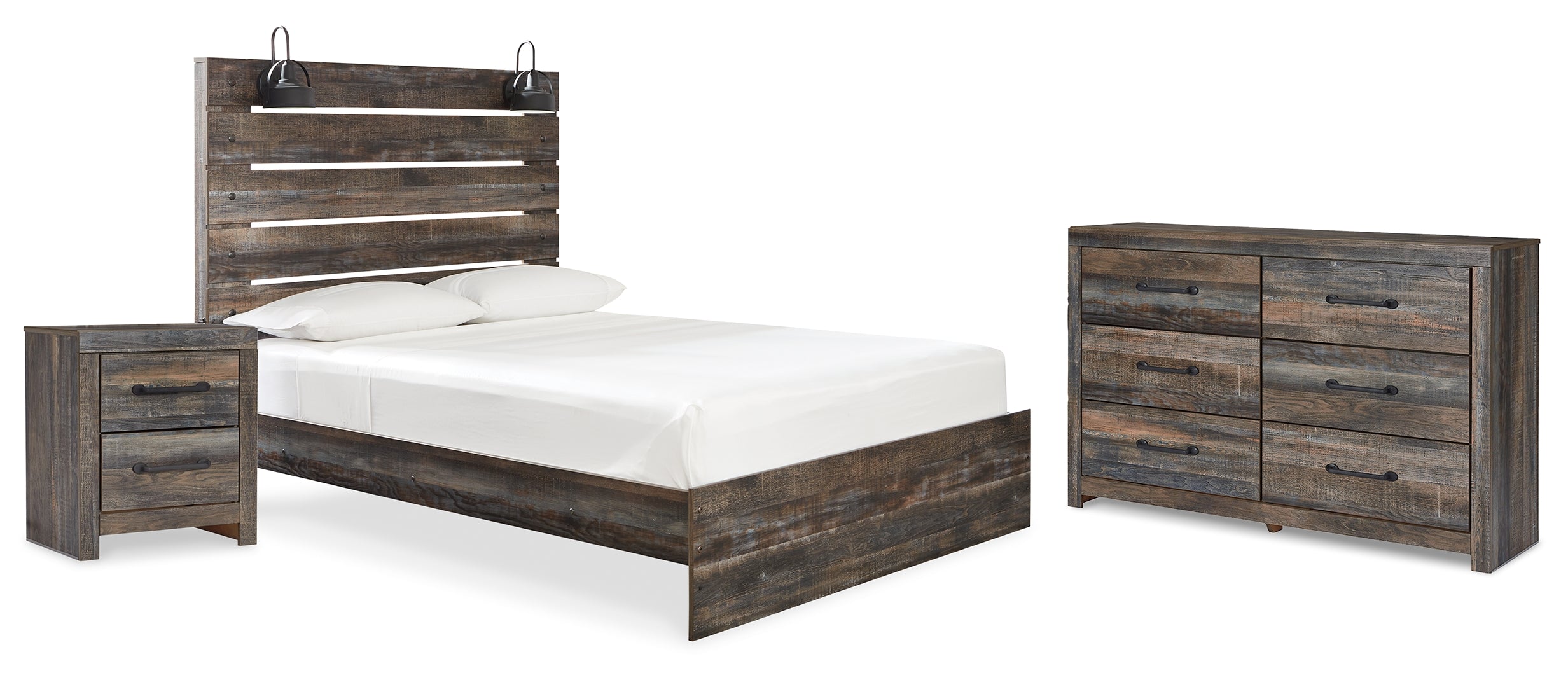 Drystan Queen Panel Bed with 2 Storage Drawers with Mirrored Dresser and Nightstand