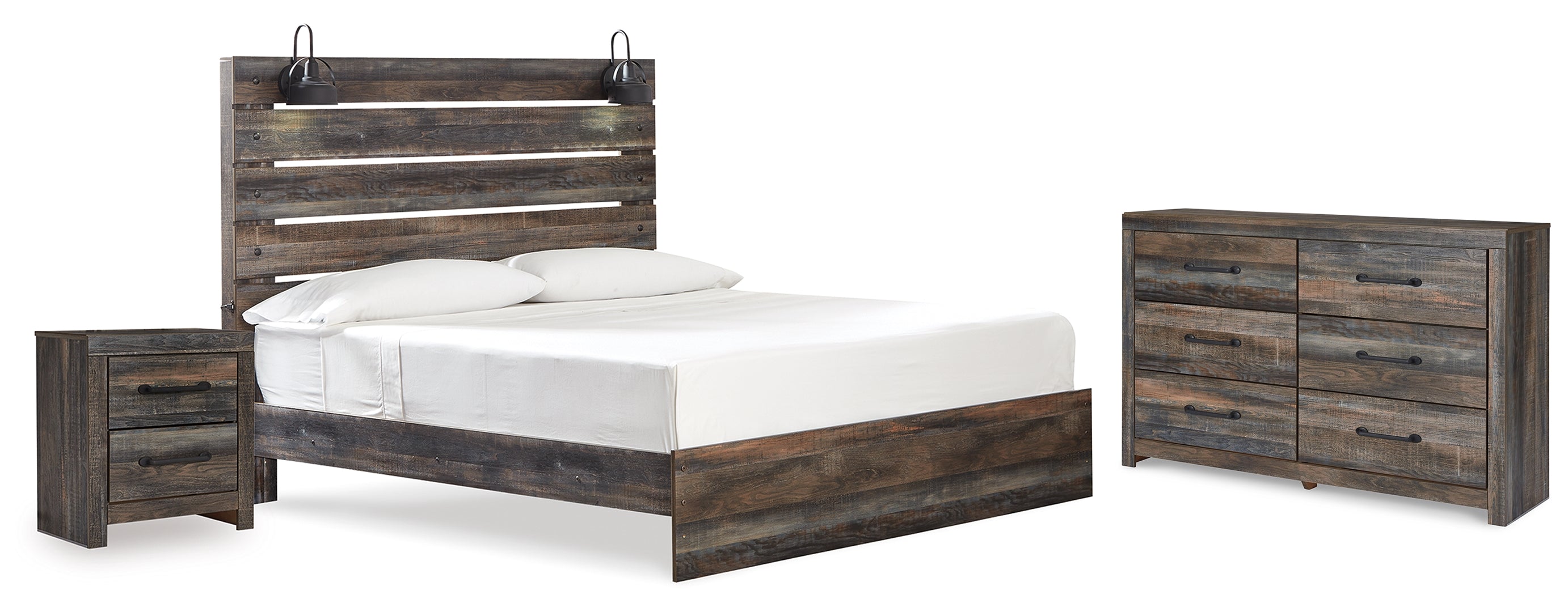 Drystan King Panel Bed with 4 Storage Drawers with Mirrored Dresser and Chest