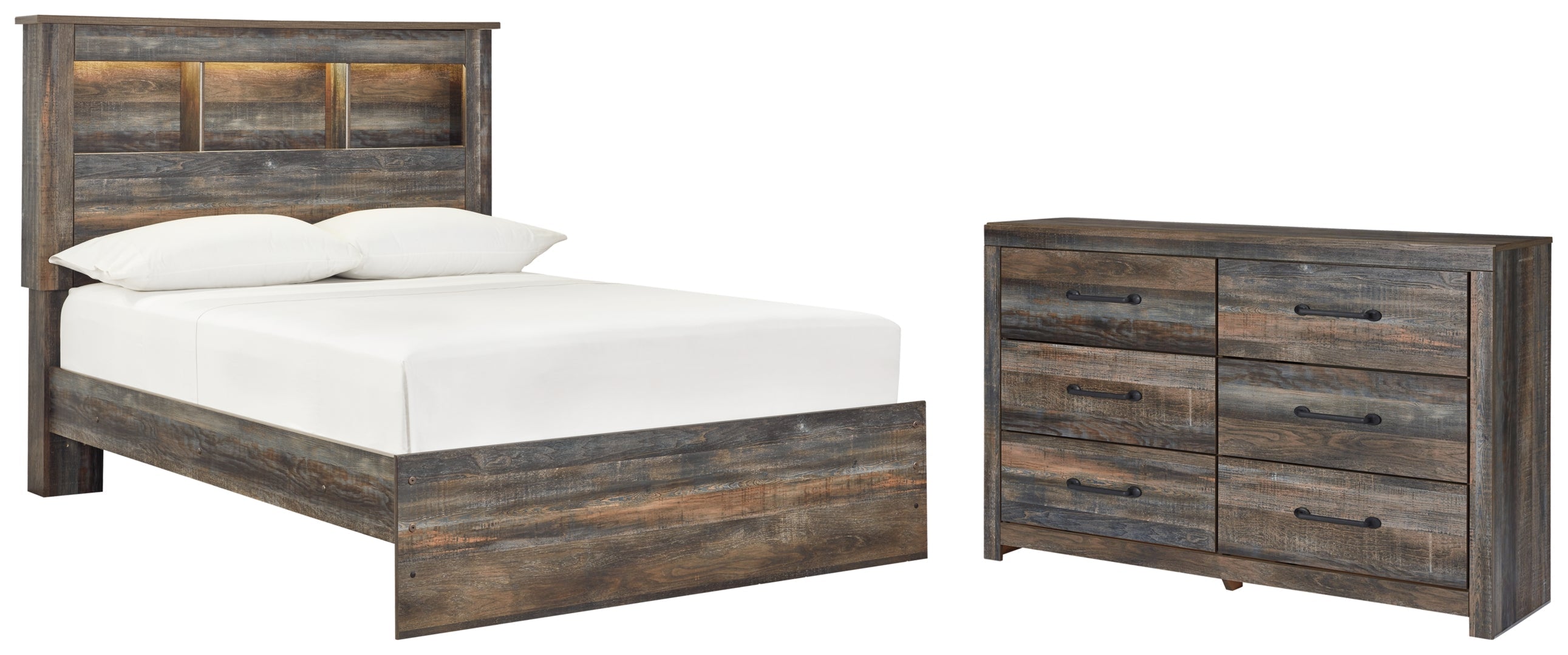 Drystan Full Bookcase Bed with 2 Storage Drawers with Mirrored Dresser, Chest and Nightstand