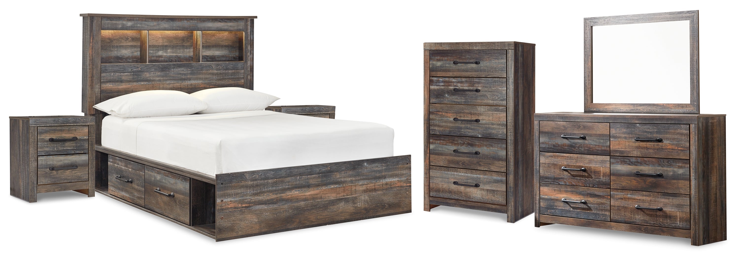 Drystan Full Bookcase Bed with 2 Storage Drawers with Mirrored Dresser, Chest and Nightstand