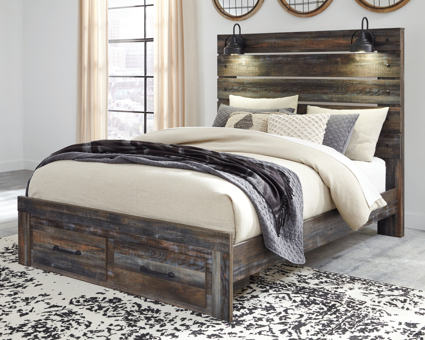 Drystan Queen Bookcase Bed with 4 Storage Drawers with Mirrored Dresser and Chest