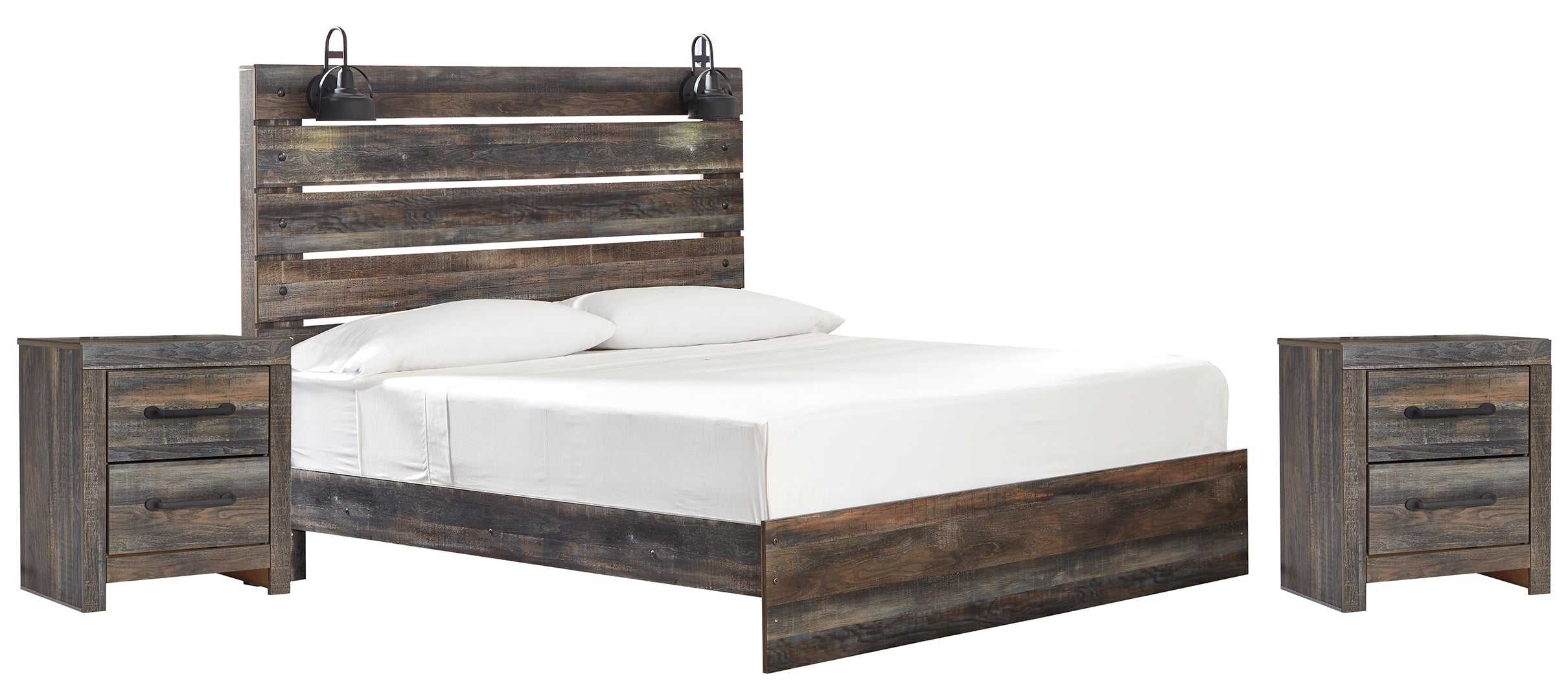 Drystan King Bookcase Bed with 4 Storage Drawers with Mirrored Dresser and 2 Nightstands