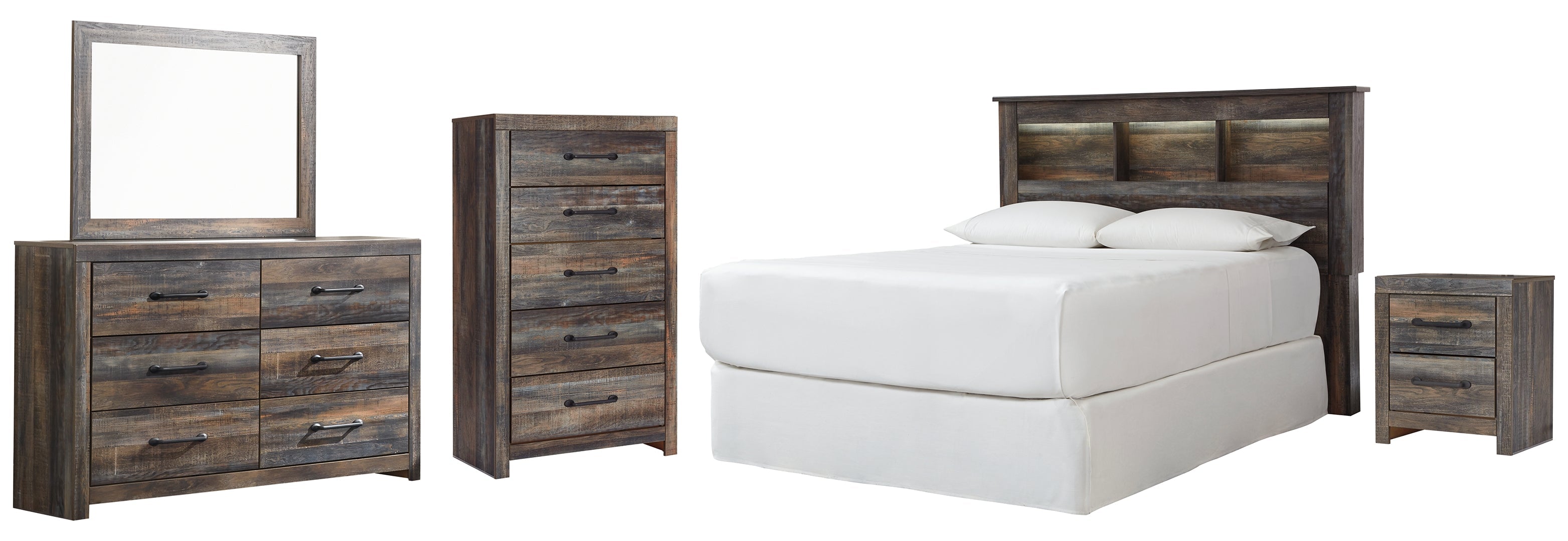 Drystan Queen Panel Bed with Mirrored Dresser and Nightstand