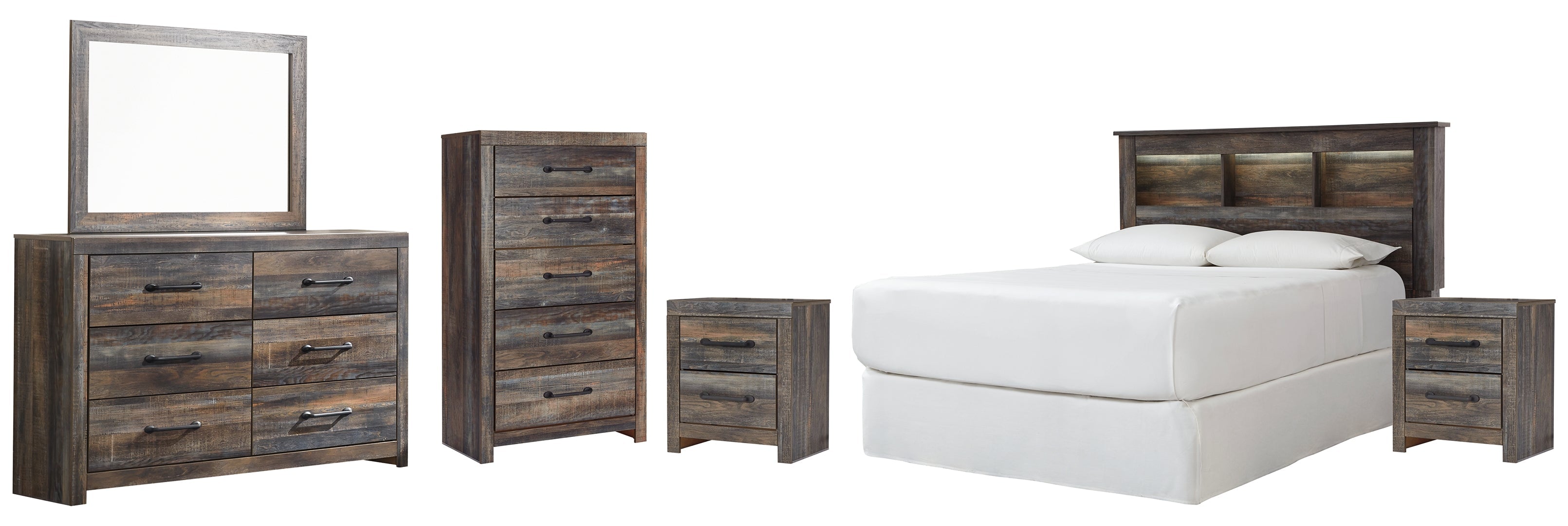 Drystan Queen Panel Bed with Mirrored Dresser and Nightstand