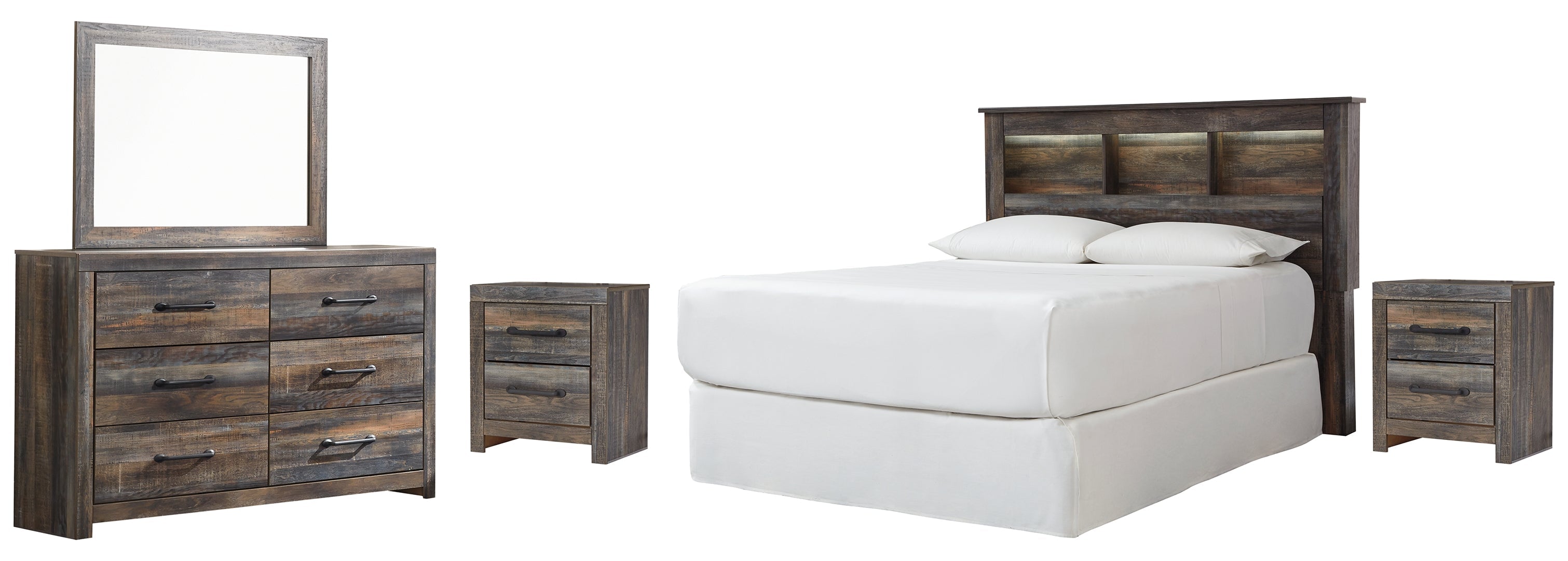 Drystan Queen Panel Bed with Mirrored Dresser and Nightstand