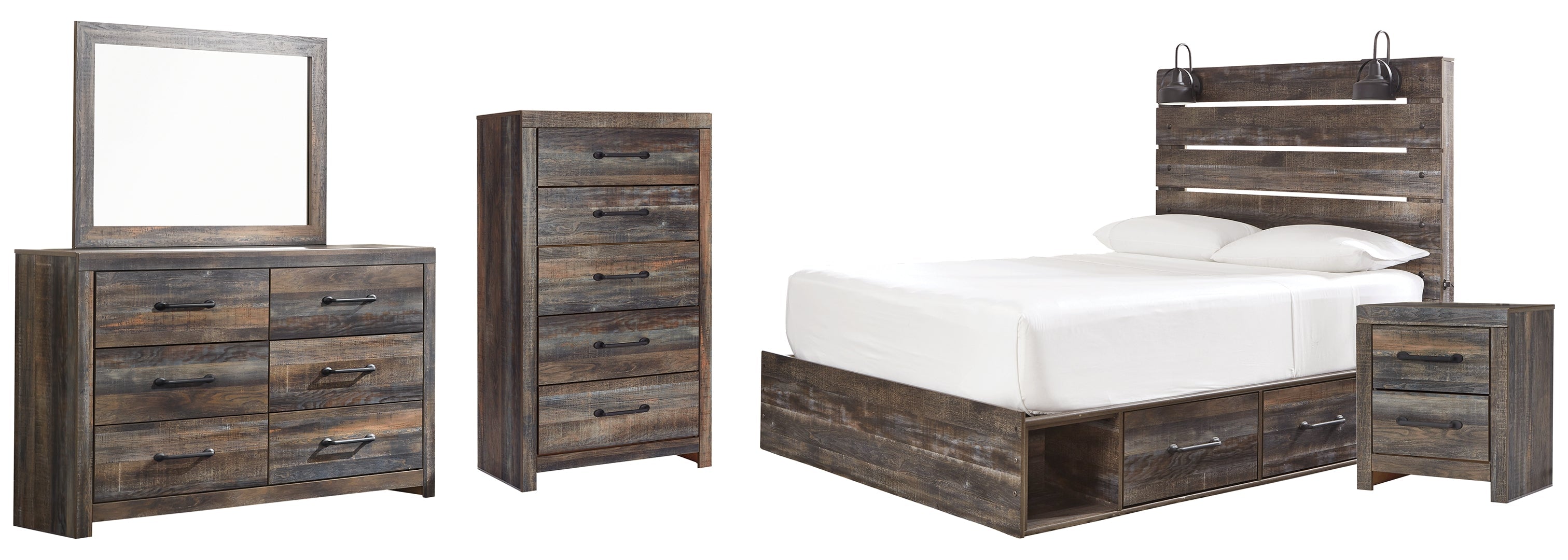 Drystan Queen Panel Bed with 2 Storage Drawers with Mirrored Dresser and Nightstand