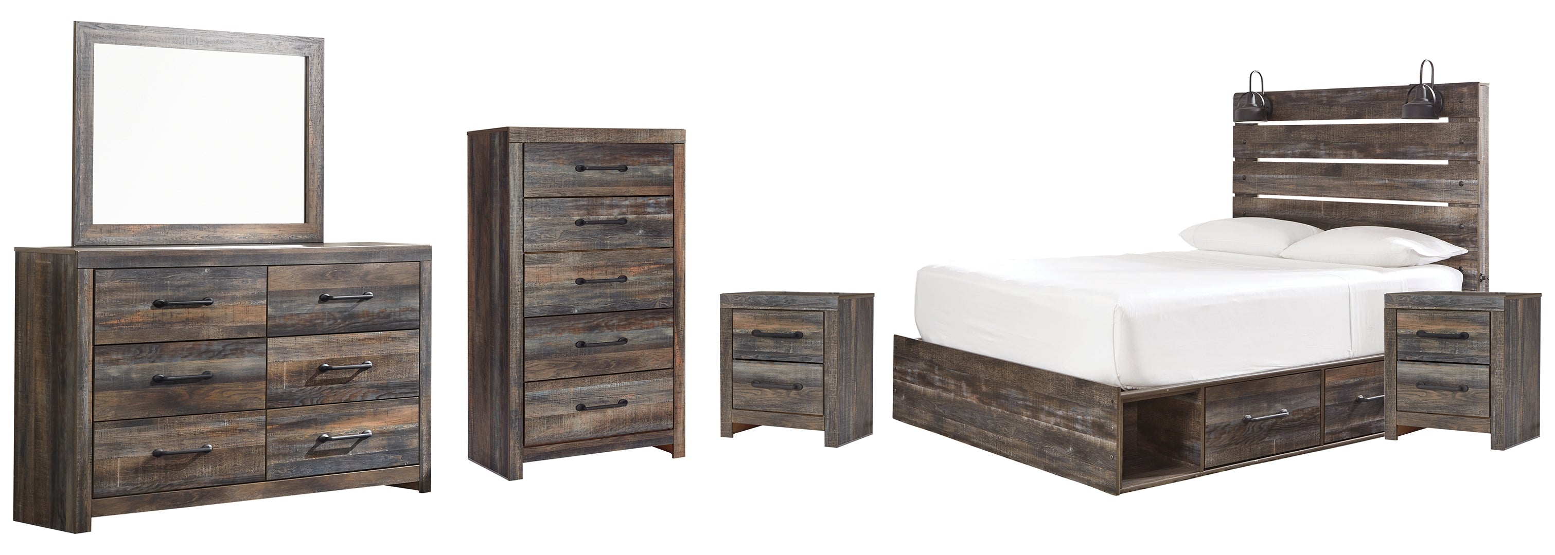 Drystan Queen Panel Bed with 2 Storage Drawers with Mirrored Dresser and Nightstand