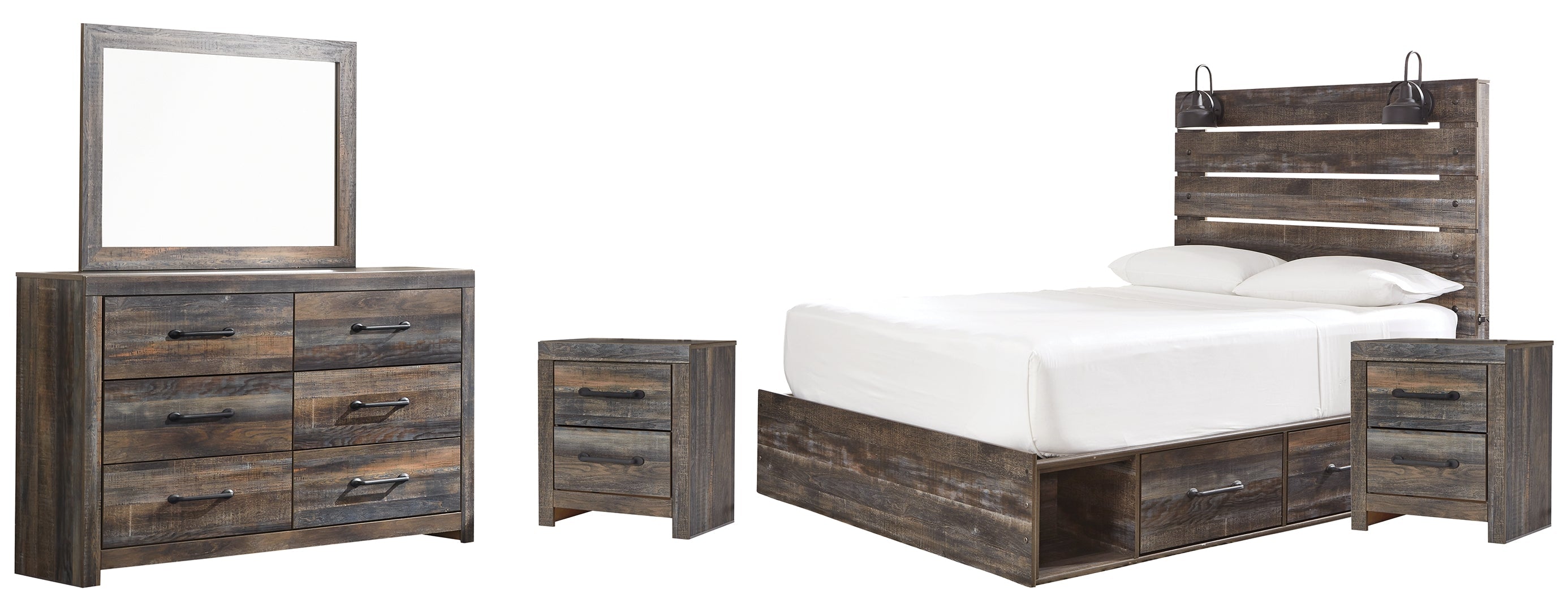 Drystan Queen Bookcase Bed with 4 Storage Drawers with Mirrored Dresser and Chest