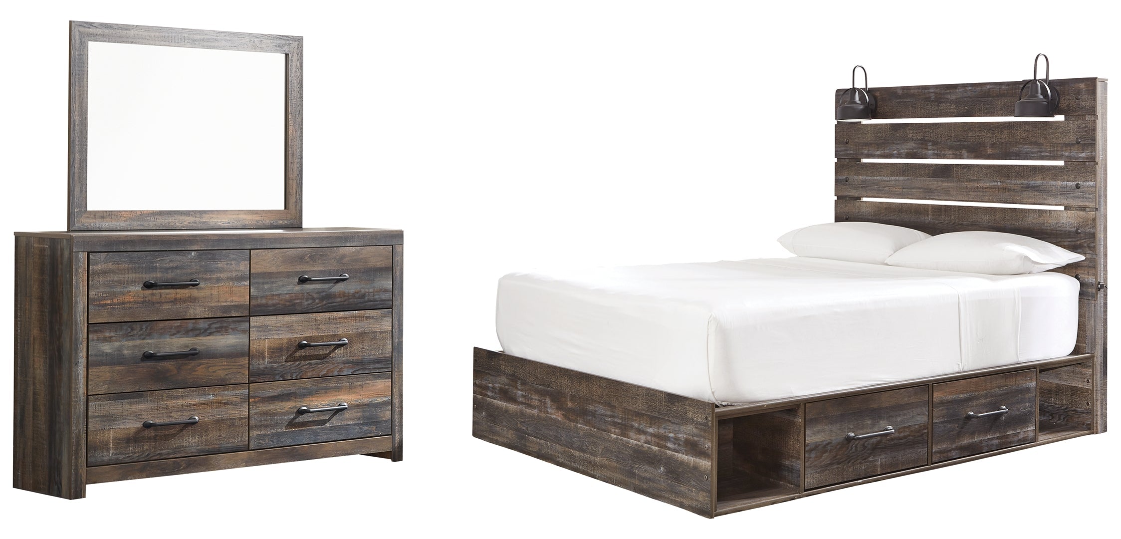 Drystan Queen Bookcase Bed with 4 Storage Drawers with Mirrored Dresser and Chest