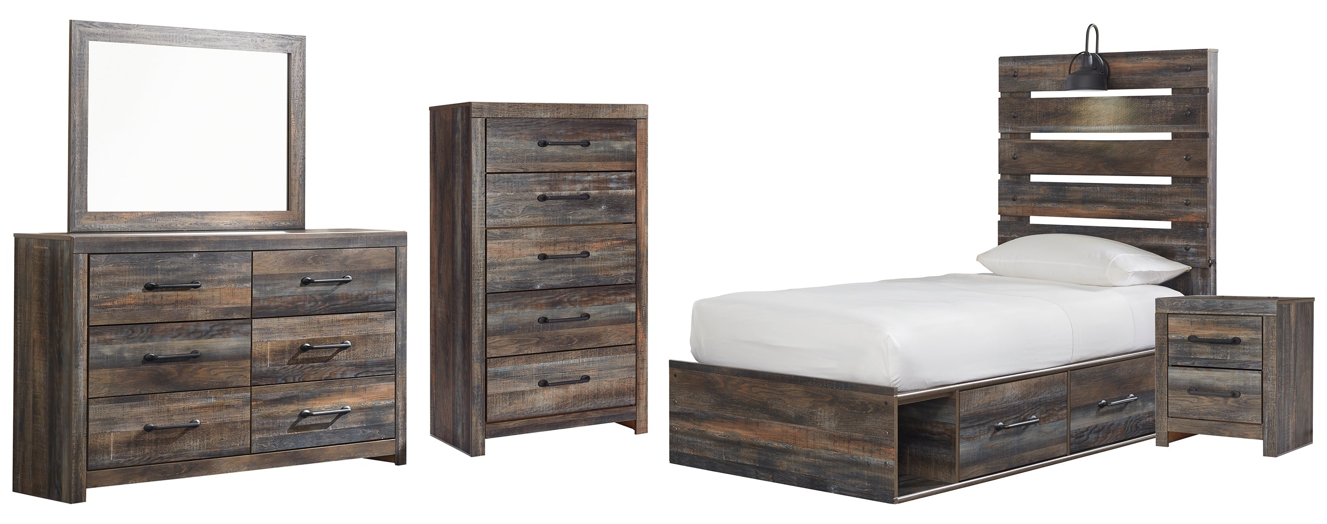 Drystan Twin Panel Bed with 2 Storage Drawers with Dresser