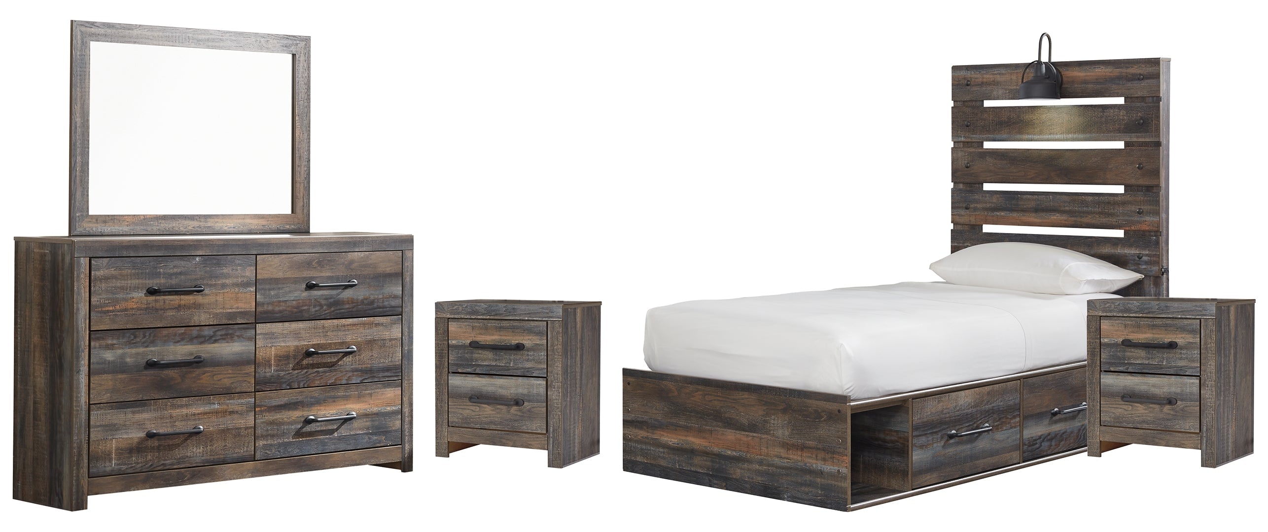 Drystan Twin Panel Bed with 2 Storage Drawers with Dresser