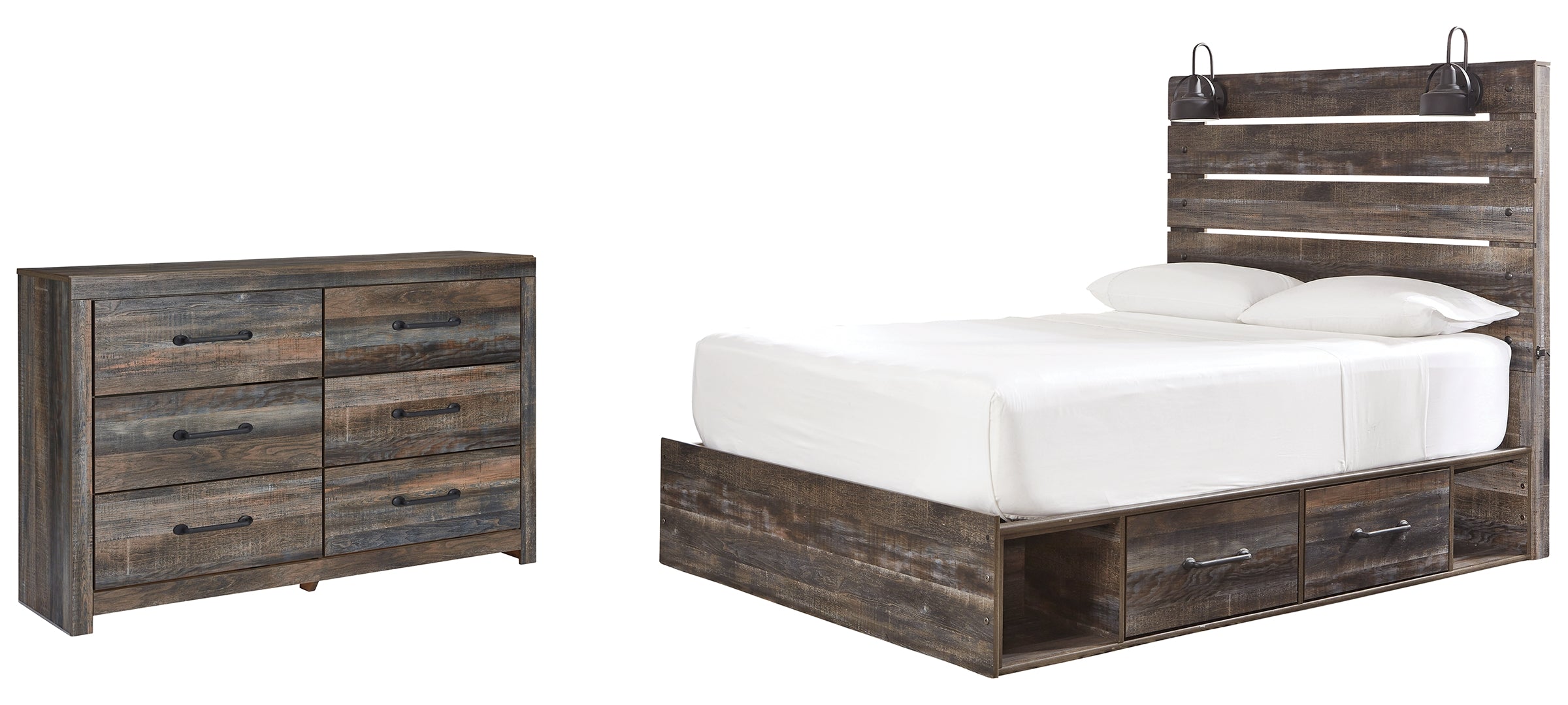 Drystan Queen Panel Bed with 2 Storage Drawers with Mirrored Dresser and Nightstand