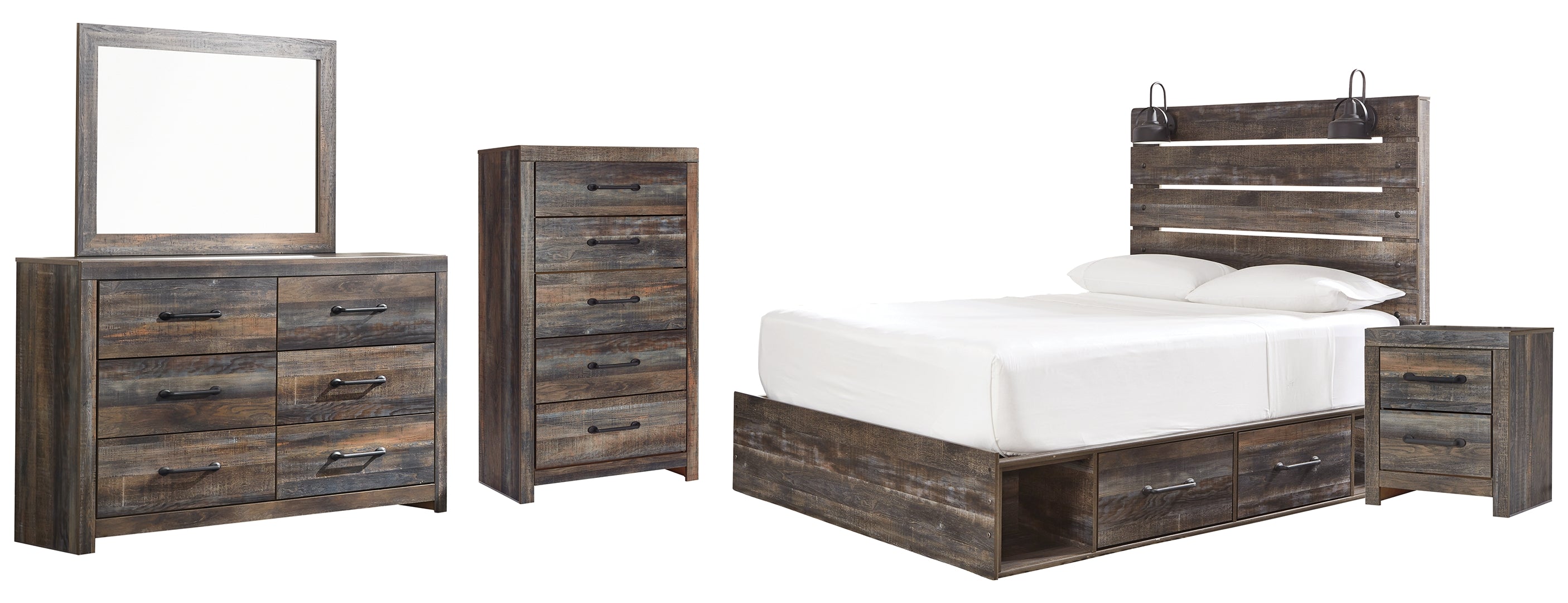 Drystan Queen Panel Bed with 2 Storage Drawers with Mirrored Dresser and Nightstand